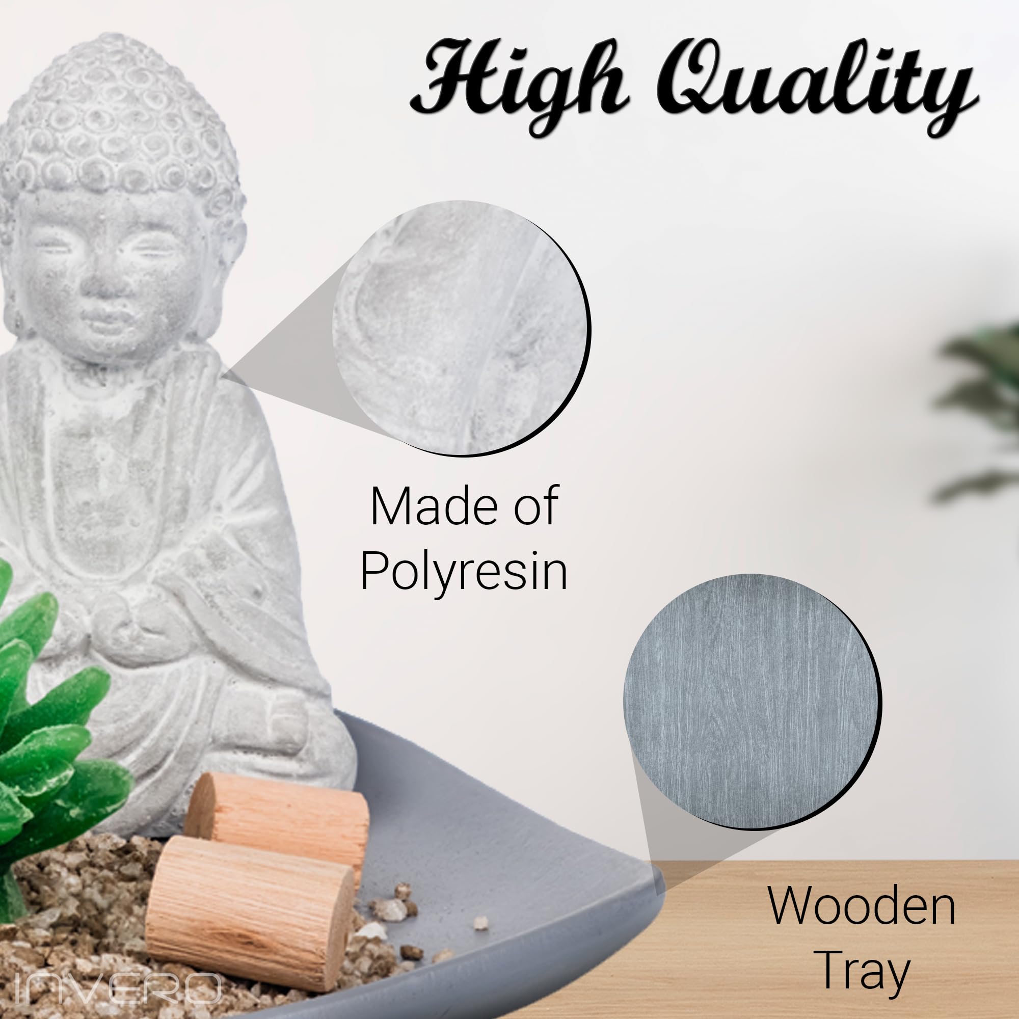 Set Decorativo Invero Con Statua Buddha Seduto Grigio - Include Vassoio, Sabbia, Candela Cactus E Bastoncini, 20x16 Cm - 3