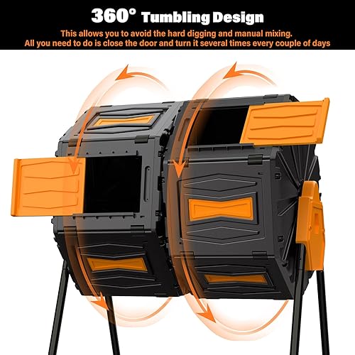 Miniatura 5 de Tambor de Compost, Fácil de Ensamblar y Eficiente Contenedor de Compost Exterior, 45 Galones/170 Litros Compostador Giratorio Grande de Doble Cámara