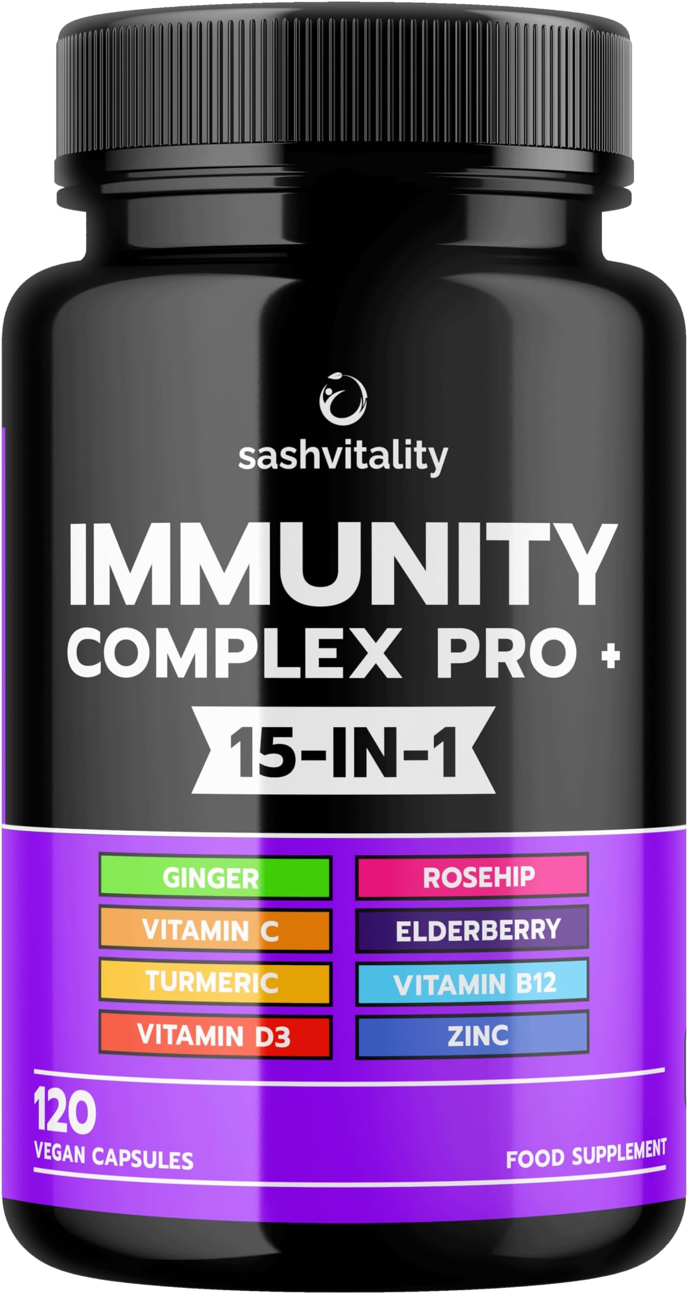 Immunity Complex Pro+ Immune System Booster with Vitamin D3 - High Strength Immune Support Supplements Immune System Vitamins Zinc, Elderberry, B12, C, Turmeric & More-120 Vegan Capsules