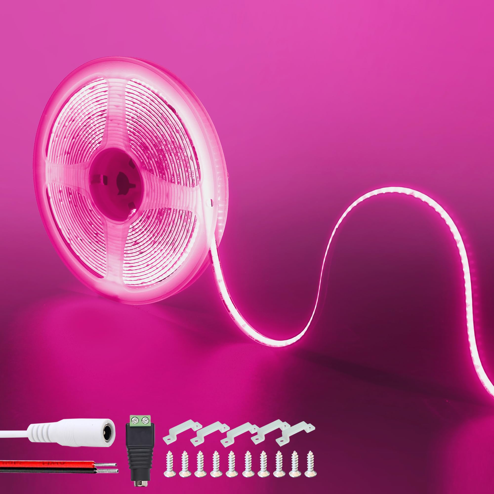 Clearhill 12V COB LED Strip Lights 16.4FT/5M(No Power Supply),Pink,320LEDs/M,with 5521DC Female and red and Black Wire Connectors,8mm Width,IP20,for DIY Home Indoor Decoration