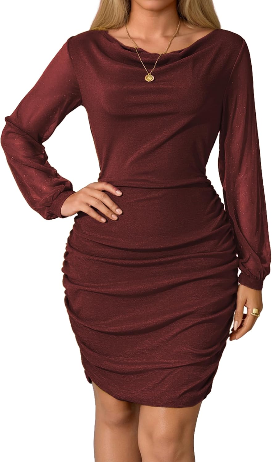 Women Elegant Cowl Neck Lantern Long Sleeve Mini Ruched Bodycon Dress Stretch Mesh Slim Party Cocktail Dresses - Image 2