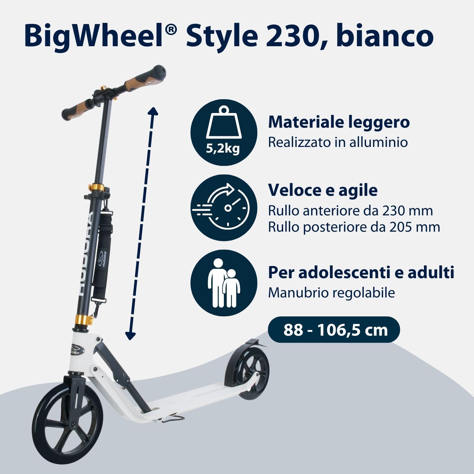 HUDORA Monopattino BigWheel Style 230 - Monopattino in alluminio resistente con pedana grande - Monopattino pieghevole regolabile in altezza per carico fino a 120kg - Per ragazzi e adulti