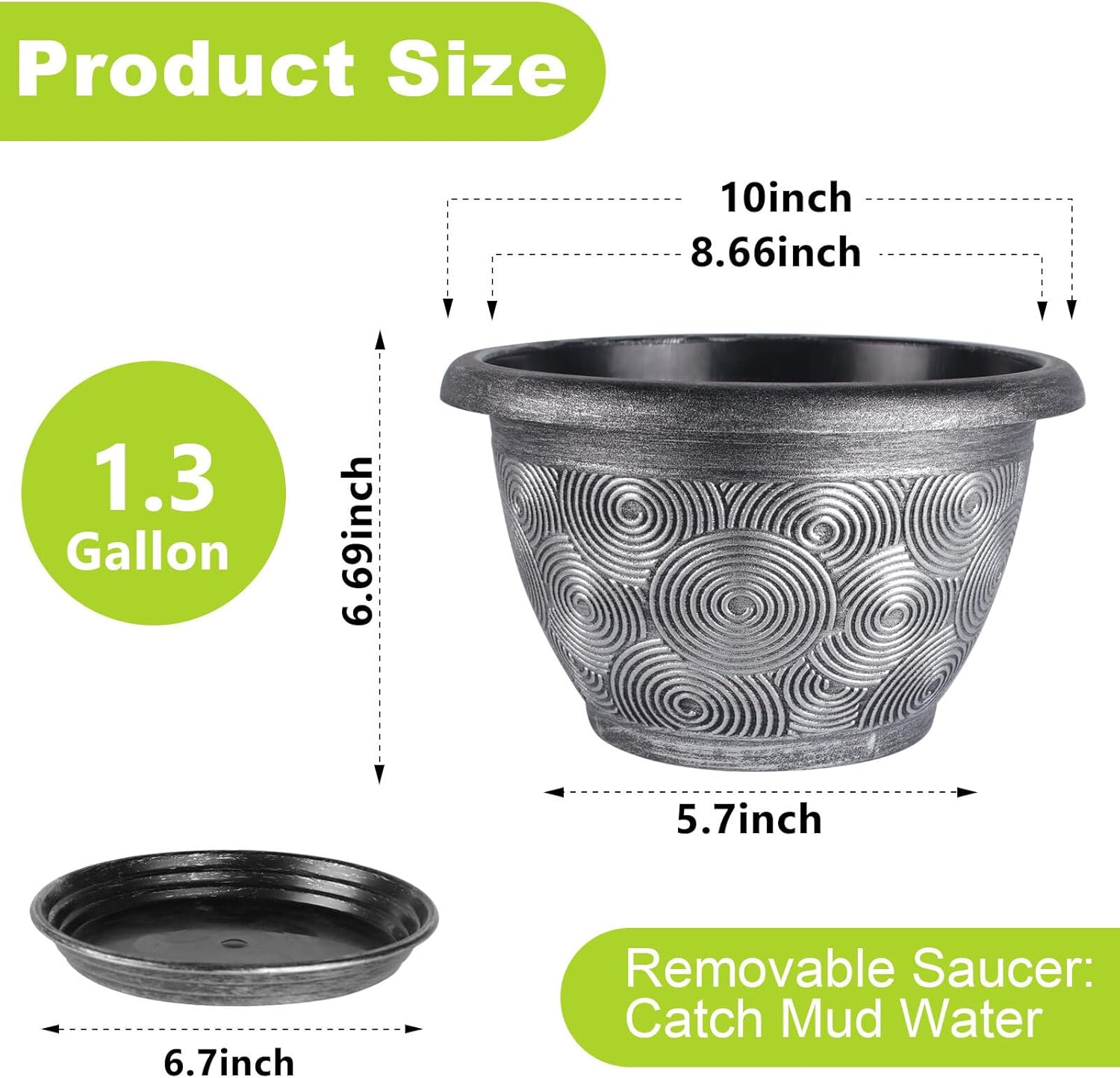 10-Inch -Plastic-Pots -For-Plant With Saucer, 4 Pack Outdoor Planters With Drainage Holes, Decorative Flower Pots For Indoor Plants, Modern 3D Swirl Silver Plant Pots With With Removable Tray