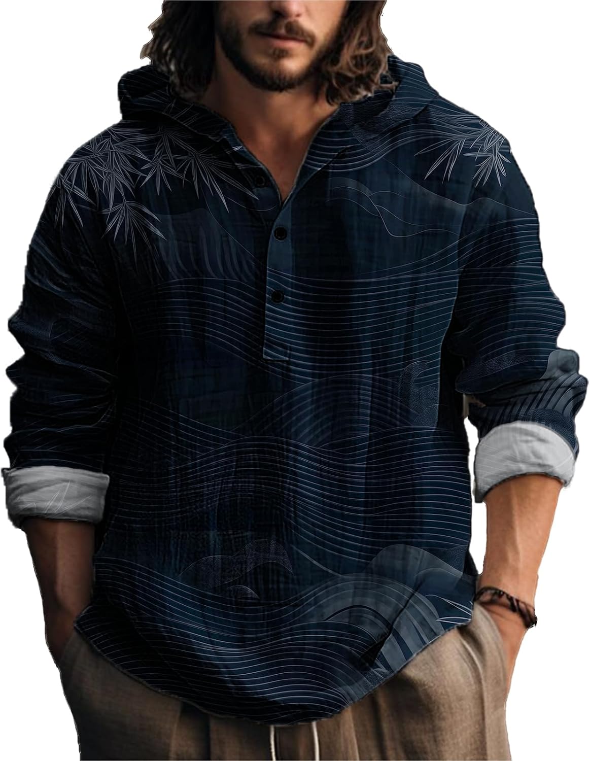 MARSVOVO Japanese Style Hooded Shirts for Men Long Sleeve Quarter Button Daily Light Weight Hoodie for Spring Fall