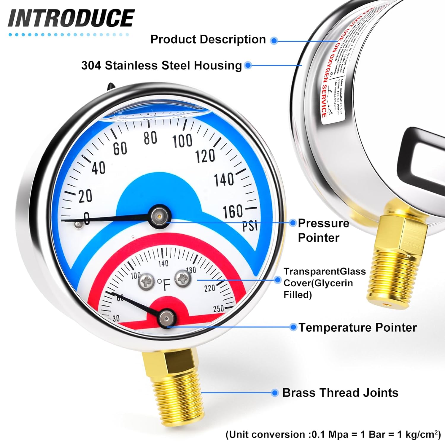 MEANLIN MEASURE 0-160Psi Stainless Steel Thermal Pressure Gauge 30-250℉ Liquid Filled Pressure Gauge 1/4" NPT 2.5" FACE DIAL, with Teflon Tape, Lower Mount