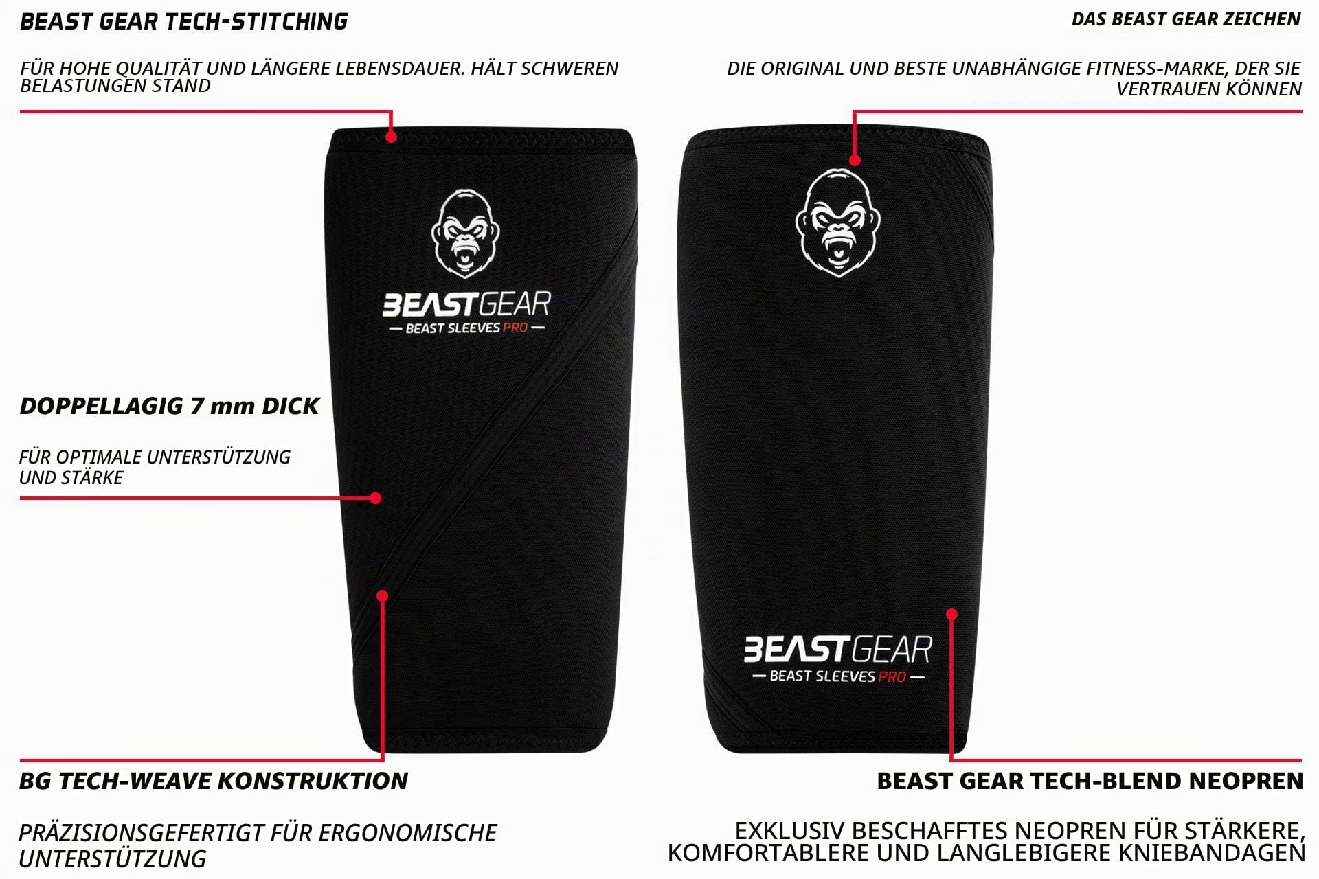 Beast Gear Kniebandage, 7 mm Knieschoner aus Neopren, Doppelschichtig, Kraftsport für Unterstützung und Schutz, Gewichtheben, Crossfit, Powerlifting, Strongman, Kniebeugen, Kreuzheben,S/M/L/XL