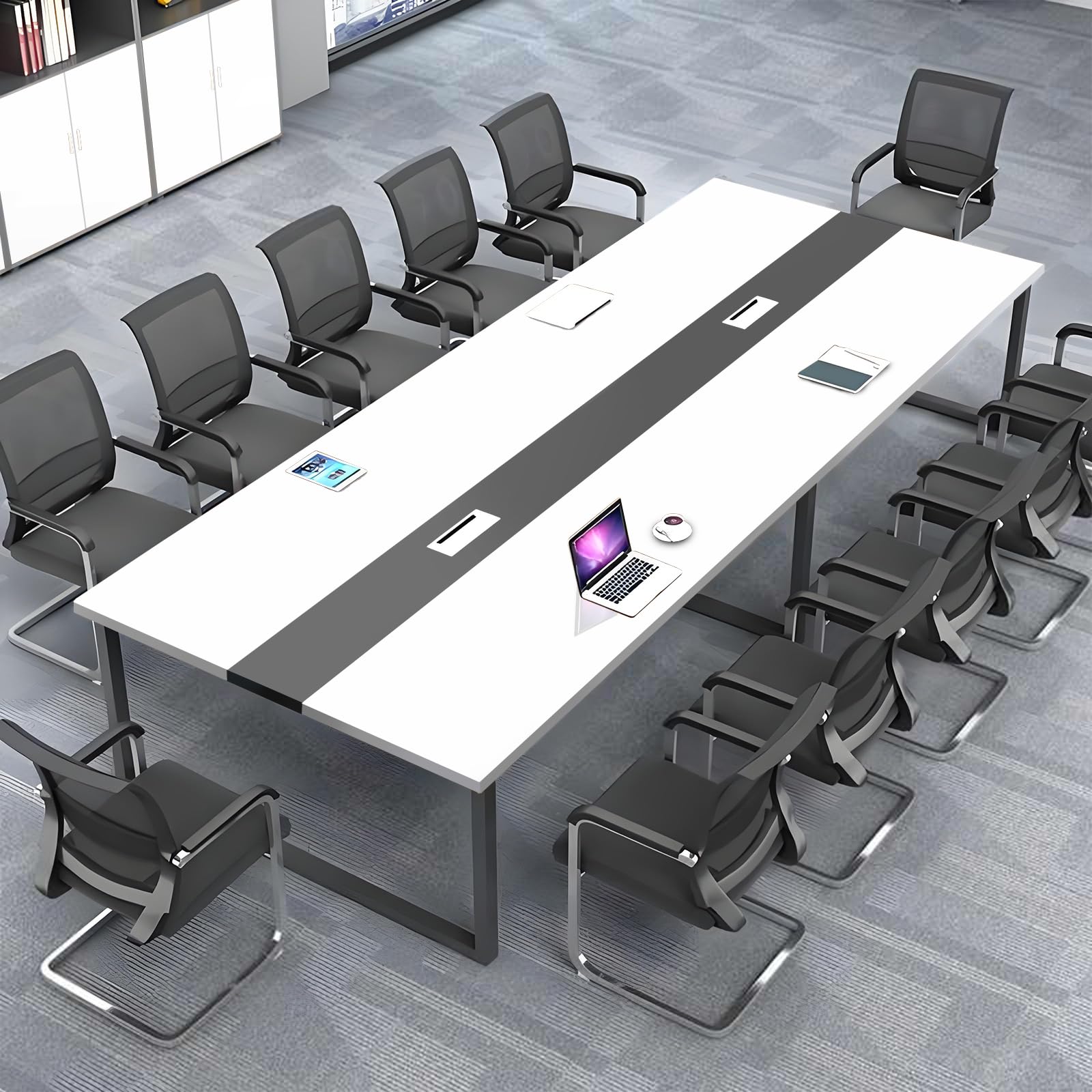 Großer Konferenztisch Büro – Moderner Besprechungstisch mit Kabelmanagement, Rechteckiger Meetingtisch für 8–12 Personen, Stabiler Metallrahmen (ohne Stühle)