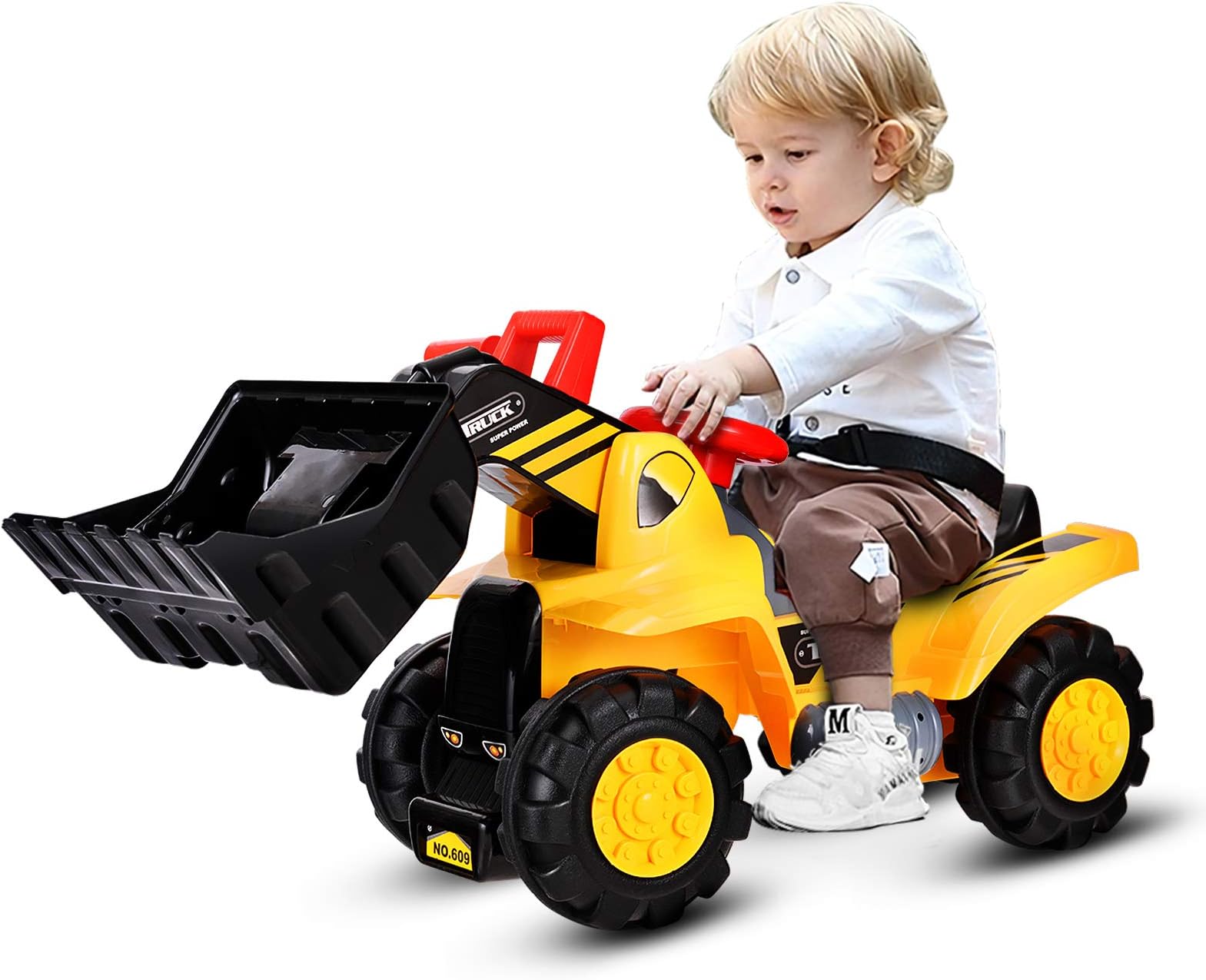 Giantex Ride On Bulldozer Truck for Kids, Excavator Digger Construction Vehicles, Pretend Play Sliding Tractor, w/ Multiple Sounds, Push Bucket, Low Seat, Anti-Skid Tires, Front Loader Ride-On Large