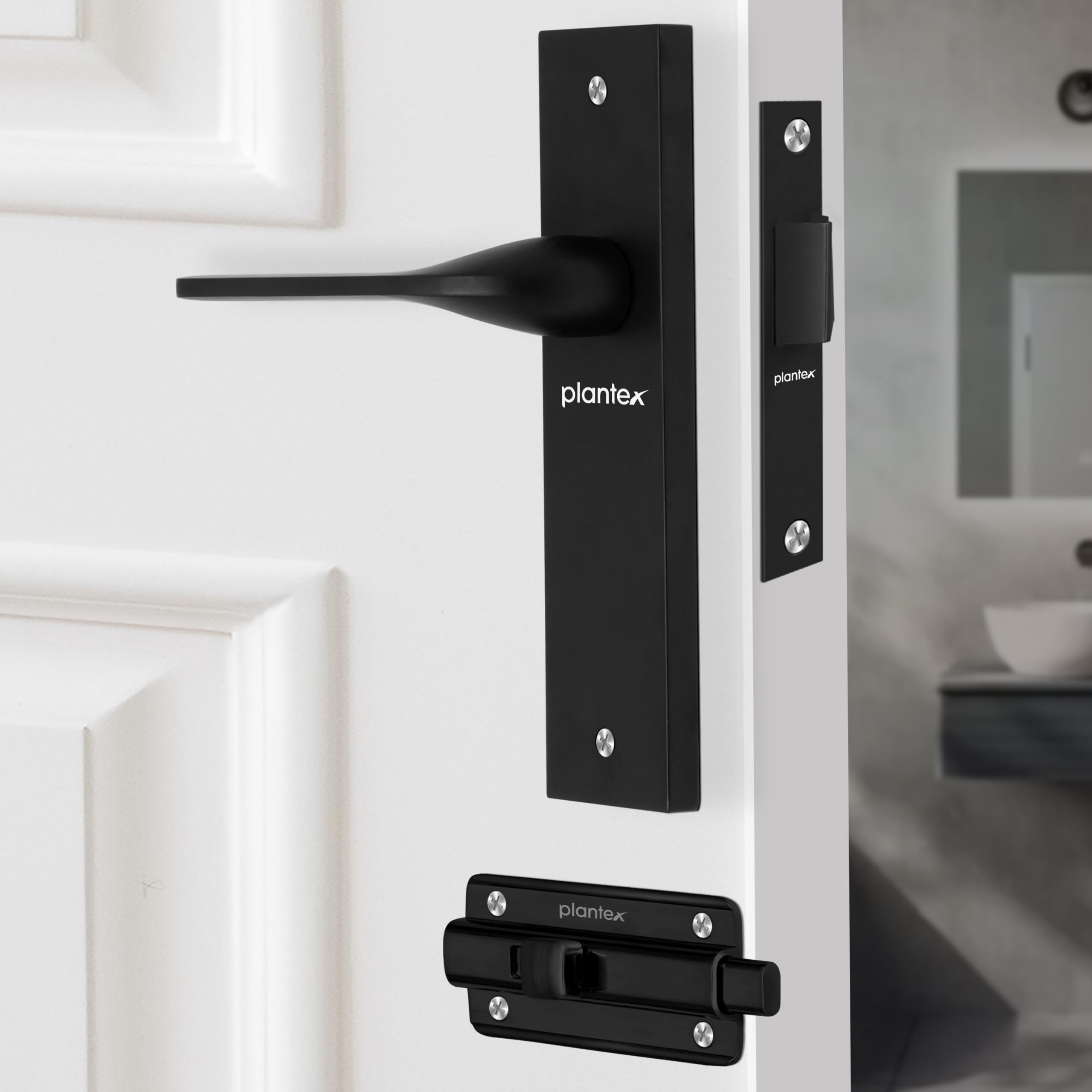 Plantex Heavy Duty Door Lock β Bathroom Door Lock/Mortise 8inch Keyless Plate Handle Set for Home/Bathroom/Store Room/Balcony/Office with Baby Latch (8060, Z-Black)