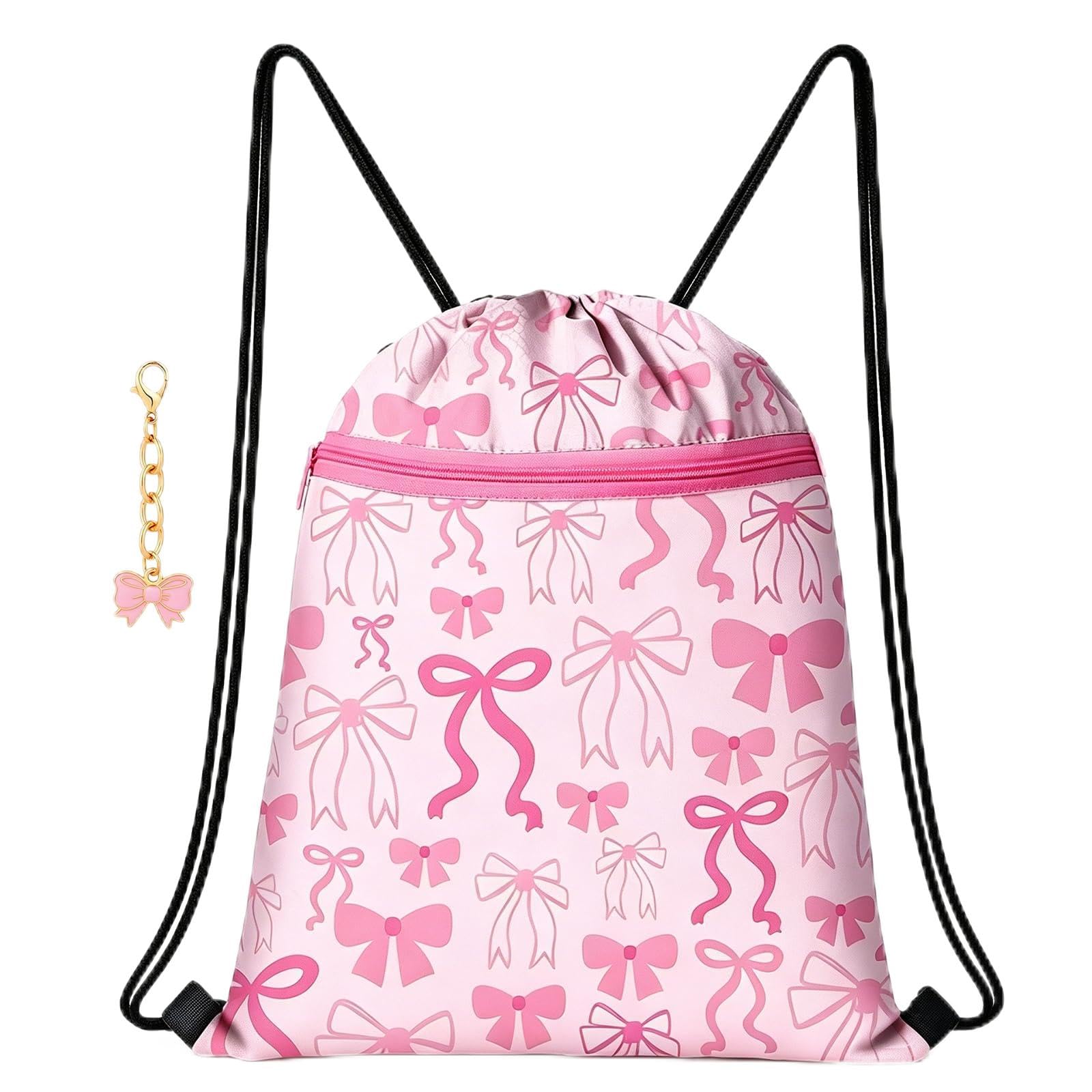CYGMRFH Pink Bow Pattern Drawstring Backpack with Keychain – Light Pink Backpack with Dark Pink Trim, Black Drawstring & Straps, Lightweight for Gym Travel