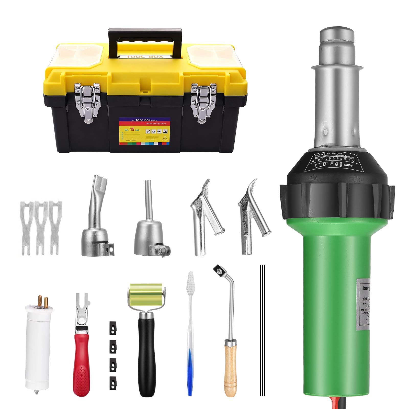 Yabumak1600W Plastic Welder Welding Tool Hot Air Gun 20℃- 600℃ Variable Temperature Control 21 Pieces Hot Air Gun Kit DIY Stripping Paint Shrinking PVC Home Improvement