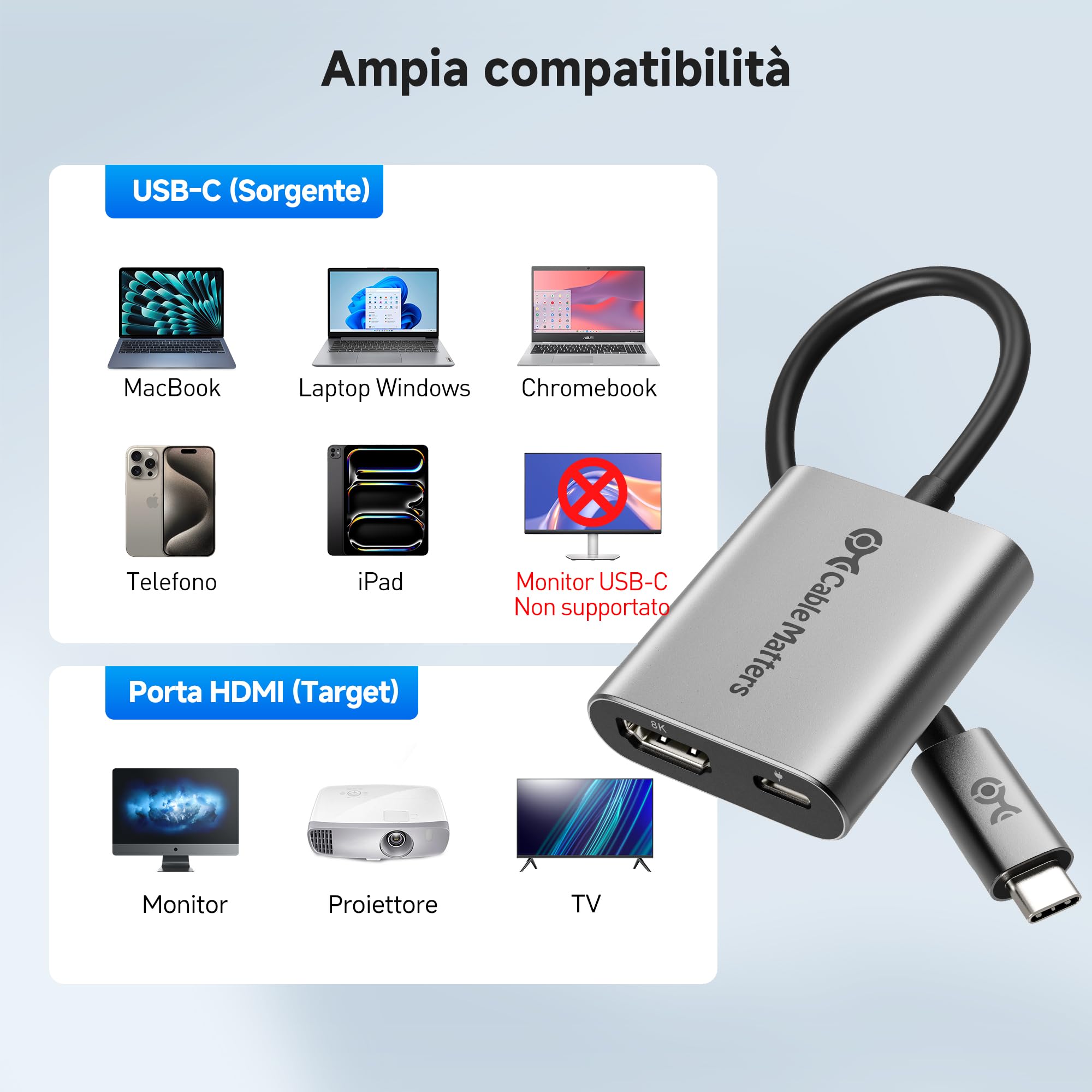 Cable Matters Adapter 48 Gb/s USB C na HDMI 2.1 obsługuje 4K 120Hz i 8K 60Hz (wymagany DSC) HDR, 100 W PD - Kompatybilny z Thunderbolt 3/4 Port - Maksymalna rozdzielczość na każdym MacBooku to 4K przy