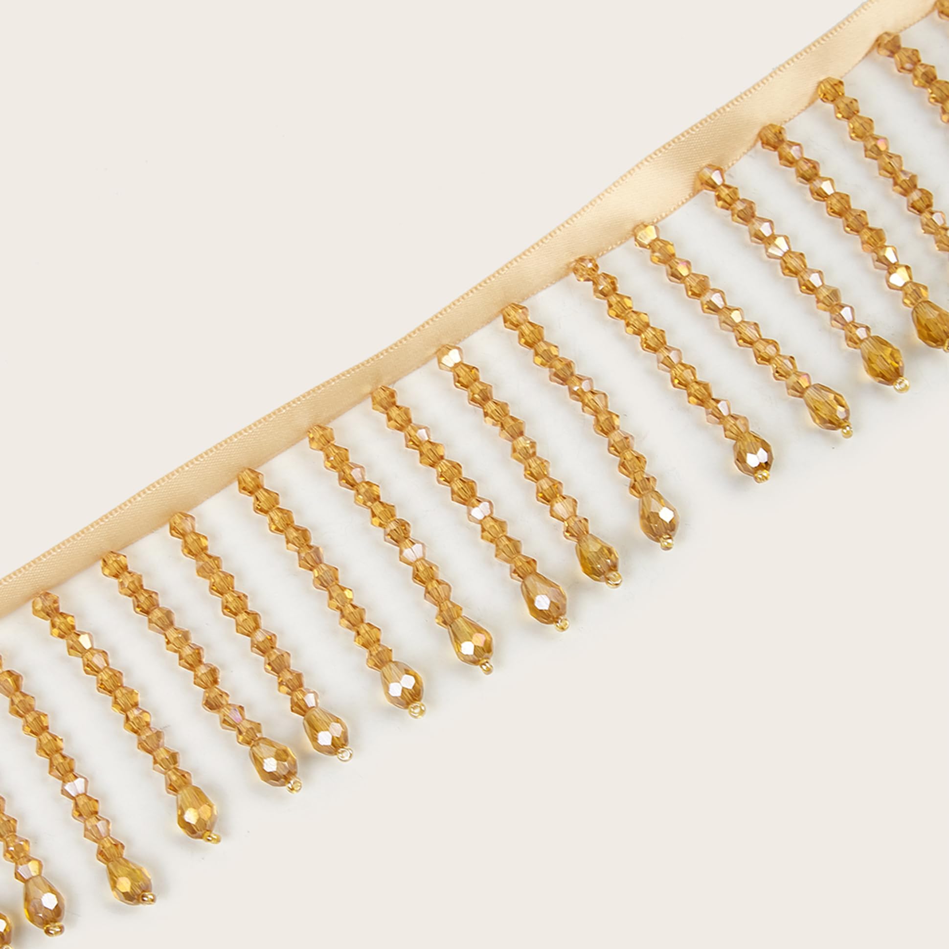 1 Yard Glass Beaded Fringe Trim Gold Champagne Crystal Drop Tassel Ribbon for Sewing, Dance Costumes, Curtains &amp; DIY Decoration