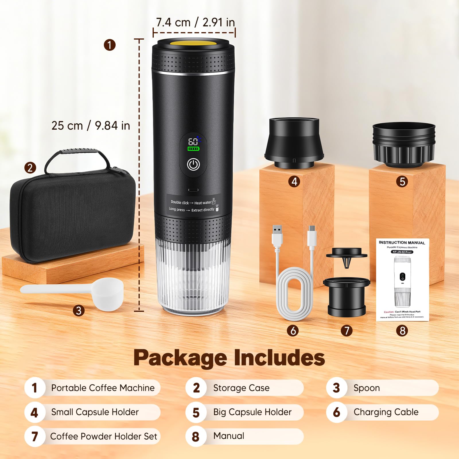 Machine à espresso portable 3 en 1, cafetière à batterie 20bars, mini machine à café nomade avec USB, écran LED, boîte de rangement, compatible café moulu et capsules, pour randonnée, bureau (Noir) - 2