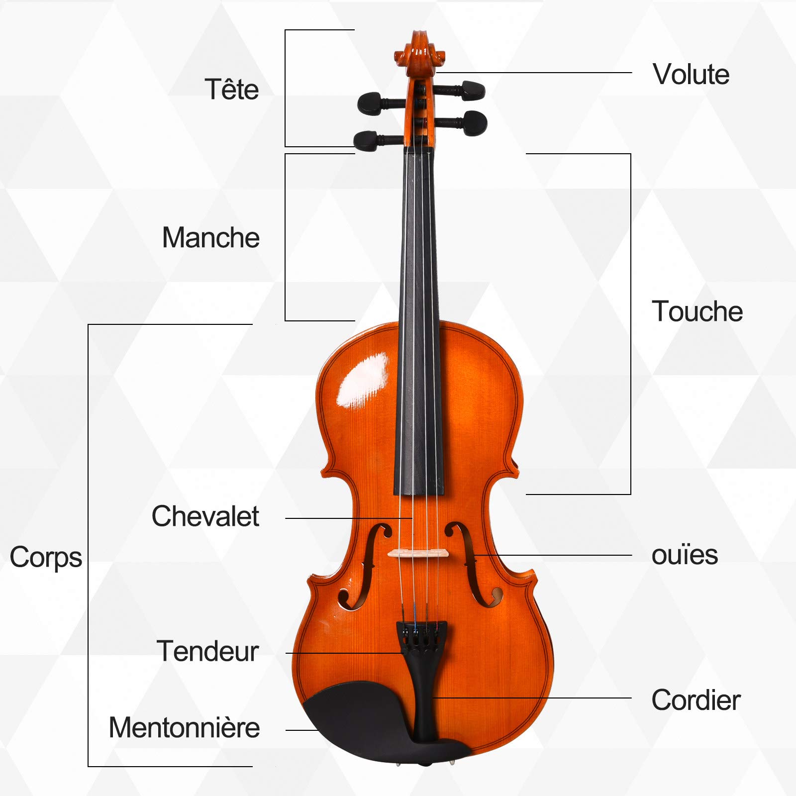 HOMCOM Violon 4/4 pleine grandeur avec étui, accordeur, épaulière, archet, colophane, cordes rechange et chiffon contreplaqué épicéa et érable