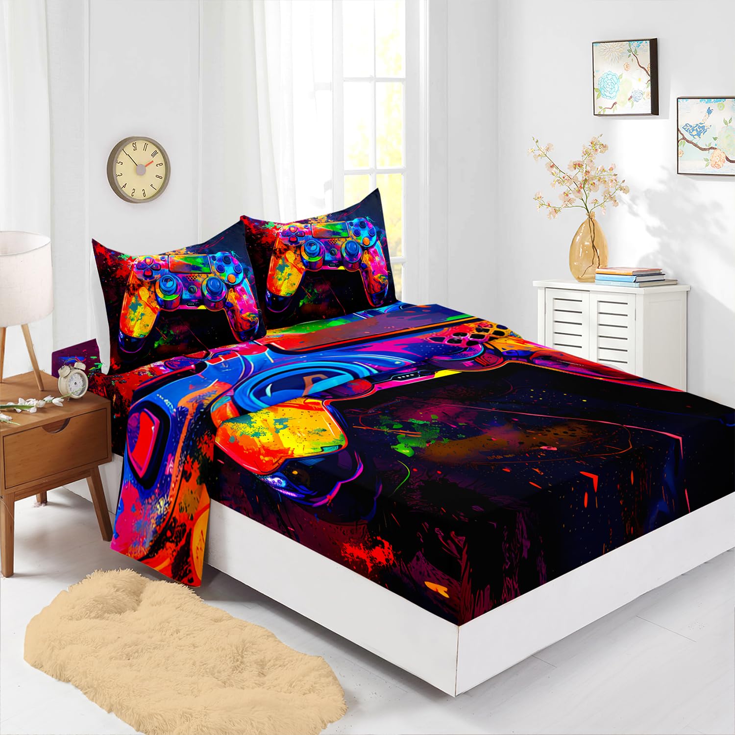 XYNHML Graffiti Gamer Console Sheet 4Pcs Full Games Contoller Sheet Video Game Gamepad Bedding Set for Kid Teen Boy Girl Adult Tie-dye Bed Decor with 1 Flat Sheet and 1 Fitted Sheet+2 Pillowcases