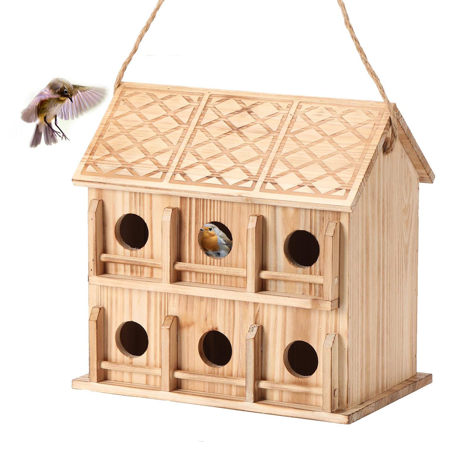 Casas para pájaros para exteriores, 6 agujeros para 6 familias de pájaros, casas de pájaros para exteriores, casa grande de colibríes (madera, juego 1)