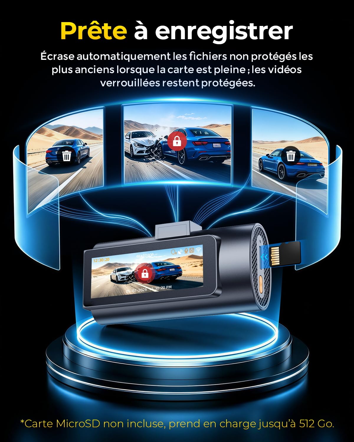 GKU Caméra de Tableau de Bord de Voiture Avant et arrière 4K avec STARVIS 2, écran IPS 3", WiFi 6, GPS, Enregistrement en Boucle, préenregistrement en Collision, Prend en Charge 512 Go Maximum