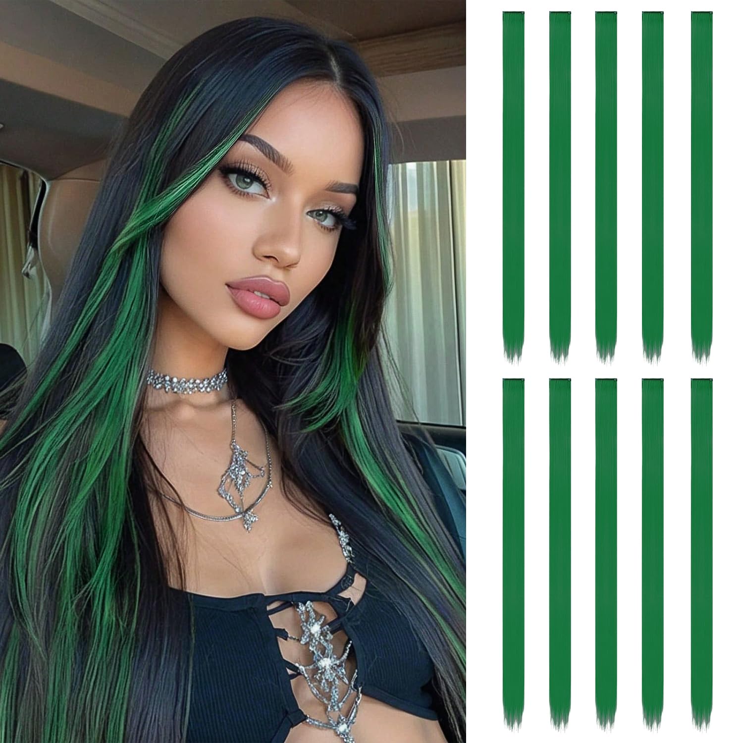 10 Pcs Coloured Hair Extensions, Dark green, 22 inch