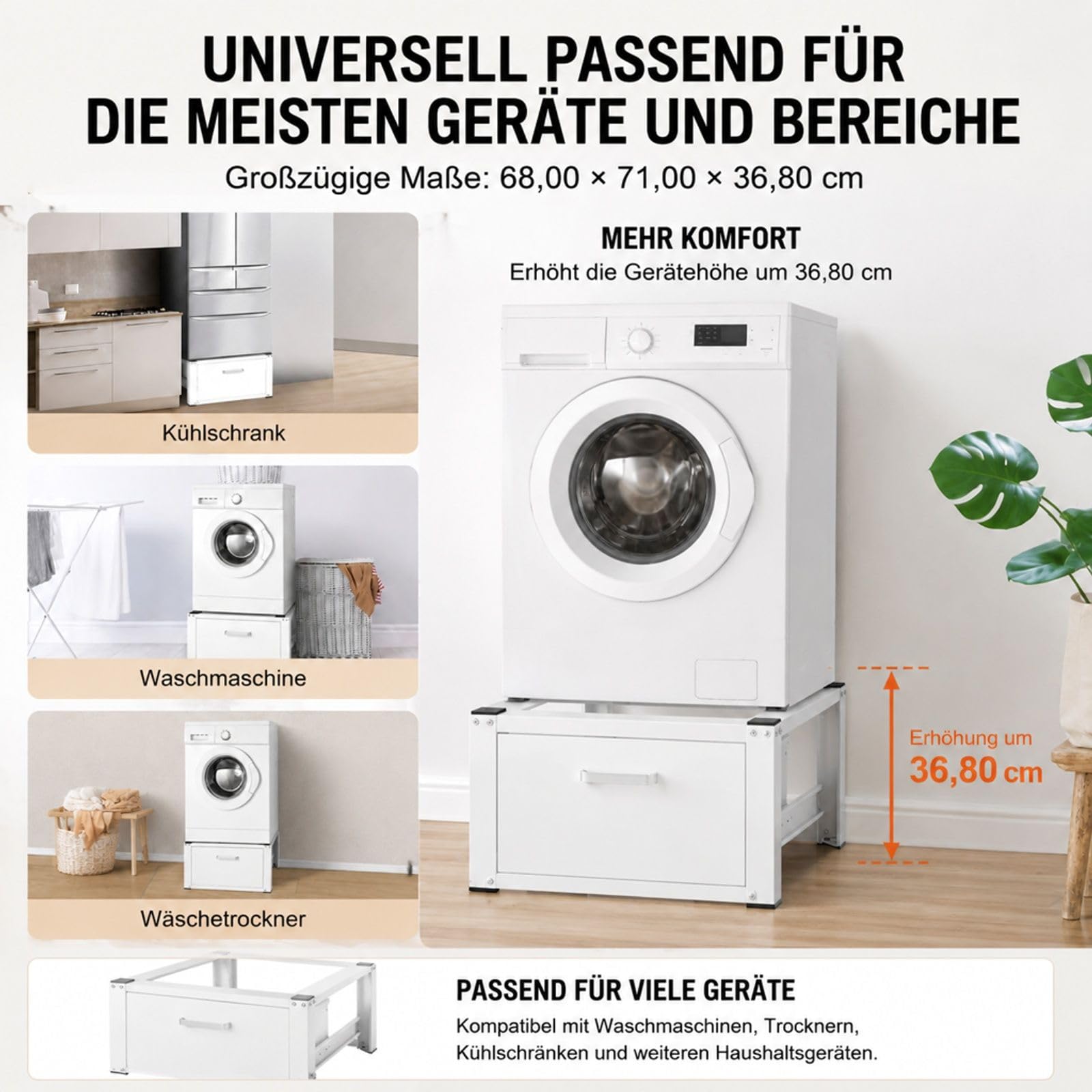 Universeller Waschmaschinen- und Trockner-Sockel mit Schublade, Untergestell für Waschküche mit Zubehör
