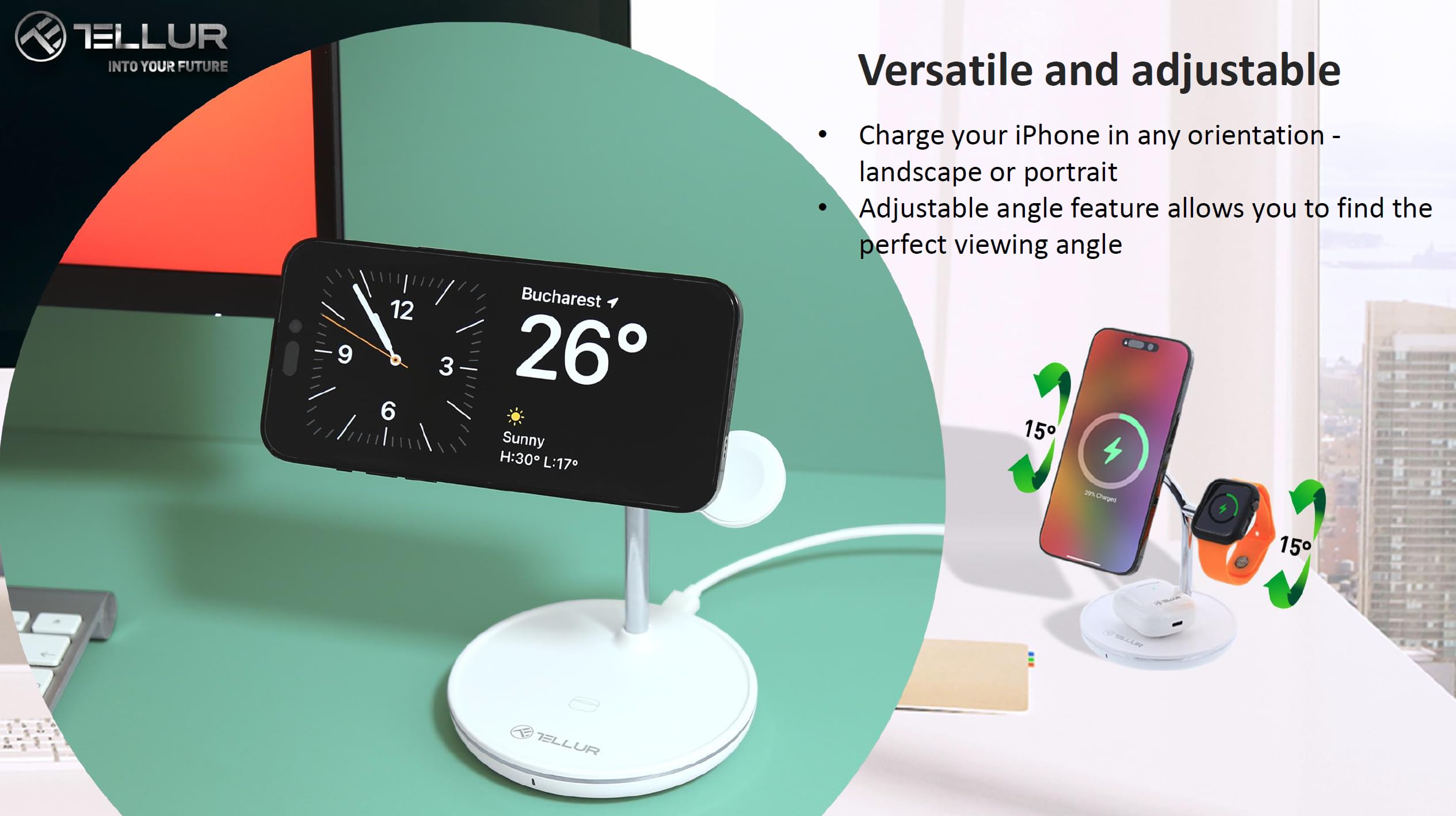 TELLUR Bezprzewodowa ładowarka 3 w 1, 15W, kompatybilna z Magsafe, do słuchawek, Apple Watch, iPhone 12/13/14, idealna do domu, biura, podróży ładowarka PD30W USB-C i kabla w zestawie