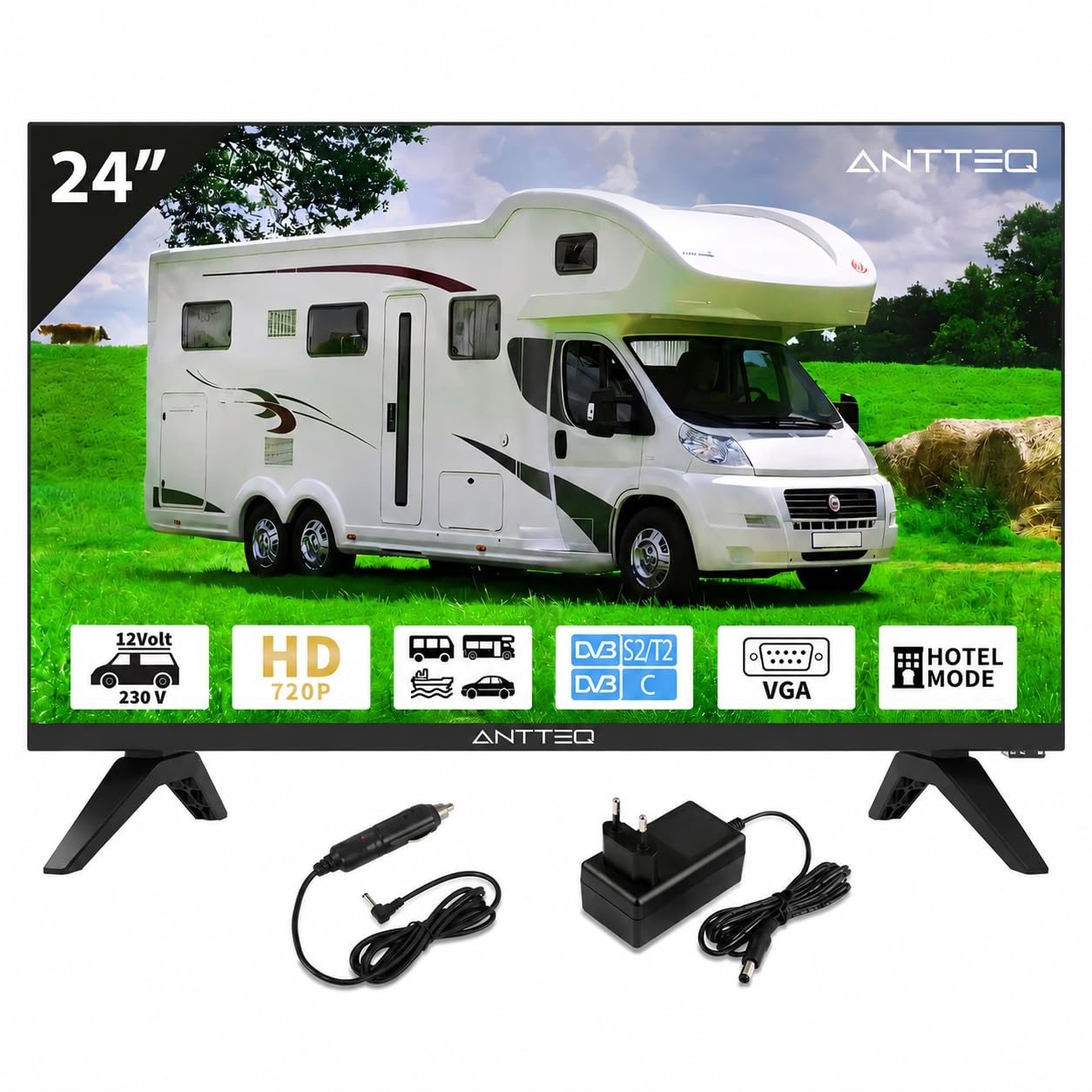 Antteq AE24H5C Televisor LED 24 Pulgadas (60 cm) HD con12V, Triple Sintonizador DVB-C/T2/S2, Modo Hotel, Audio Dolby, Conexiones SCART & Ci+ – Ideal para Autocaravana, Hotel