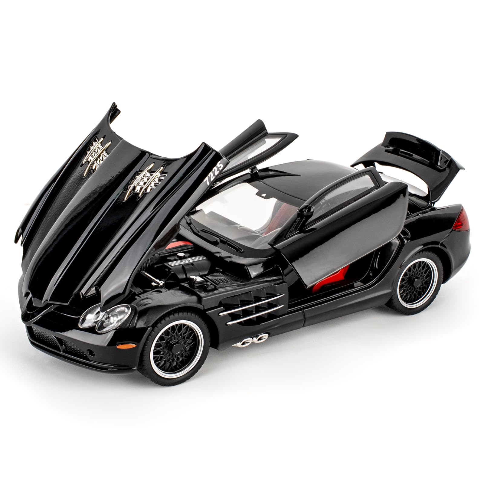 BGHSCA 1:24 SLR 722S Diecast Model Car, Zinc Alloy Pull Back Toy Vehicle with Sound & Light, Classic Collectible Car, Birthday Gift for Kids & Adult, Black