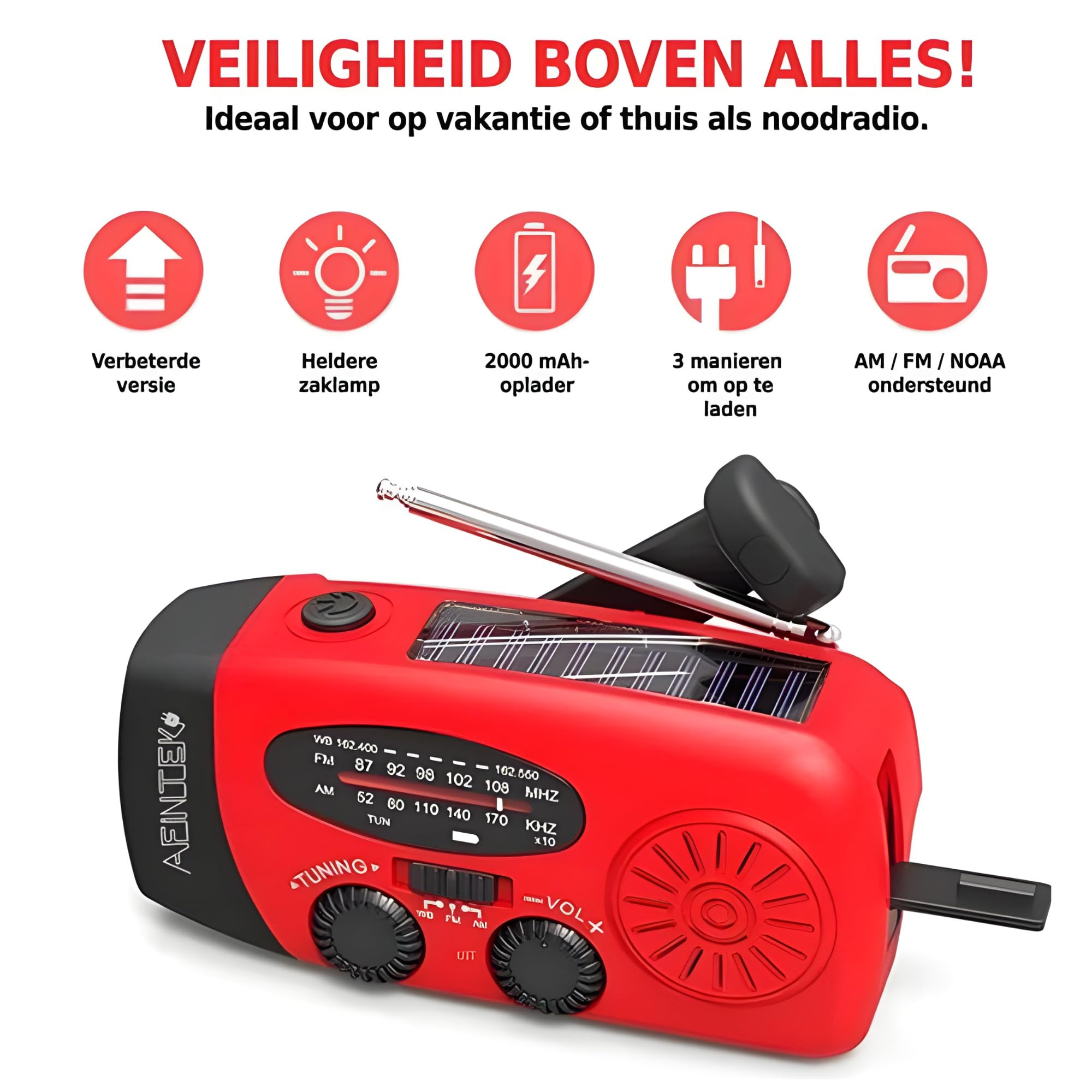 Radio Solaire Dynamo d’Urgence, Radio à Manivelle Survie AM/FM/NOAA, Radio de Survie Rechargeable, Powerbank 2000mAh, Lampe Dynamo Survie Torche LED, Chargeur Dynamo, Rouge