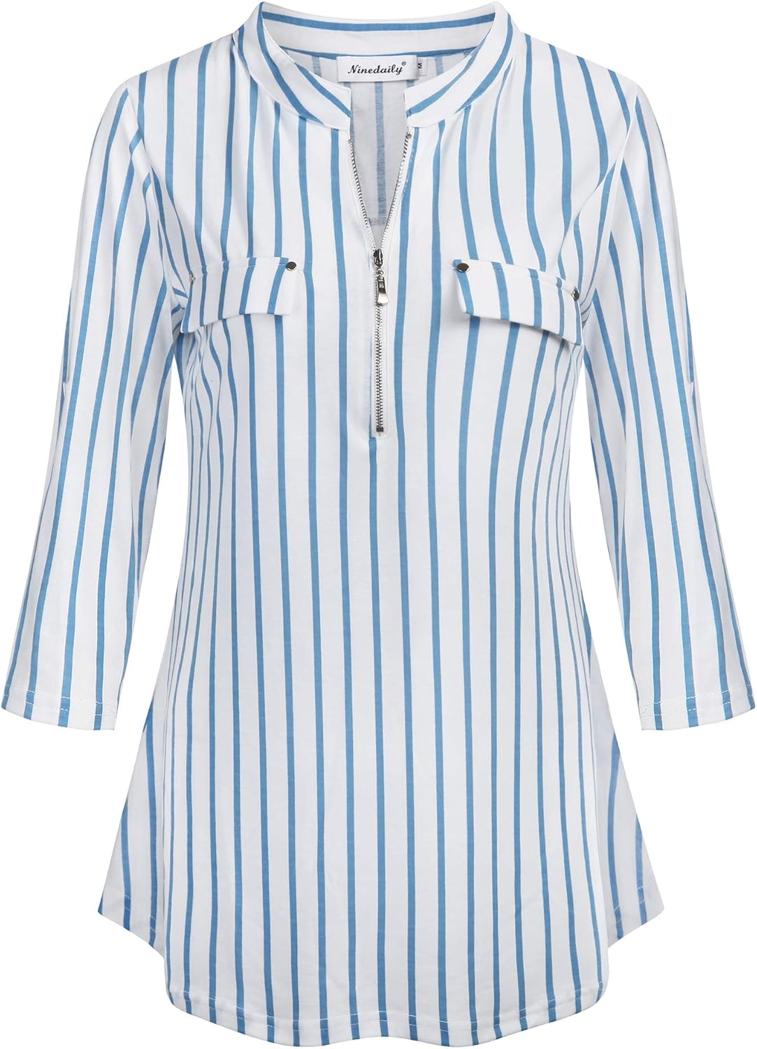 Ninedaily Women's 3/4 Sleeve Plaid Shirts Zip Floral Casual Tunic Blouse Tops - Image 2