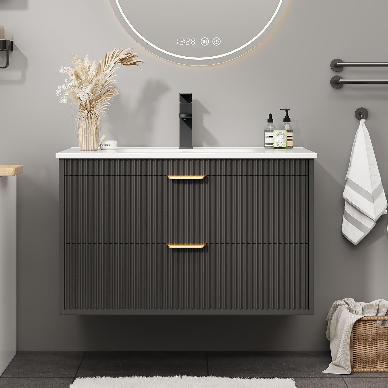 Vabches 24 Inch Bathroom Vanity with Sink, Wood Grain Wall Mounted Vanity with 2 Storage Darwers, Floating Bathroom Vanity with Storage, Bathroom Floating Vanity with Sink, Faucet, Drain, Black