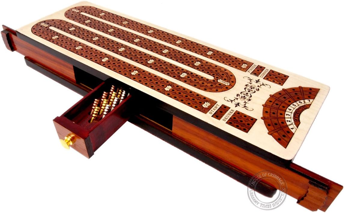 House of Cribbage - Continuous Cribbage Board/Box Inlaid in Bloodwood/Maple : 3 Track - Sliding Lids with Score Marking Fields for Skunks, Corners and Won Games