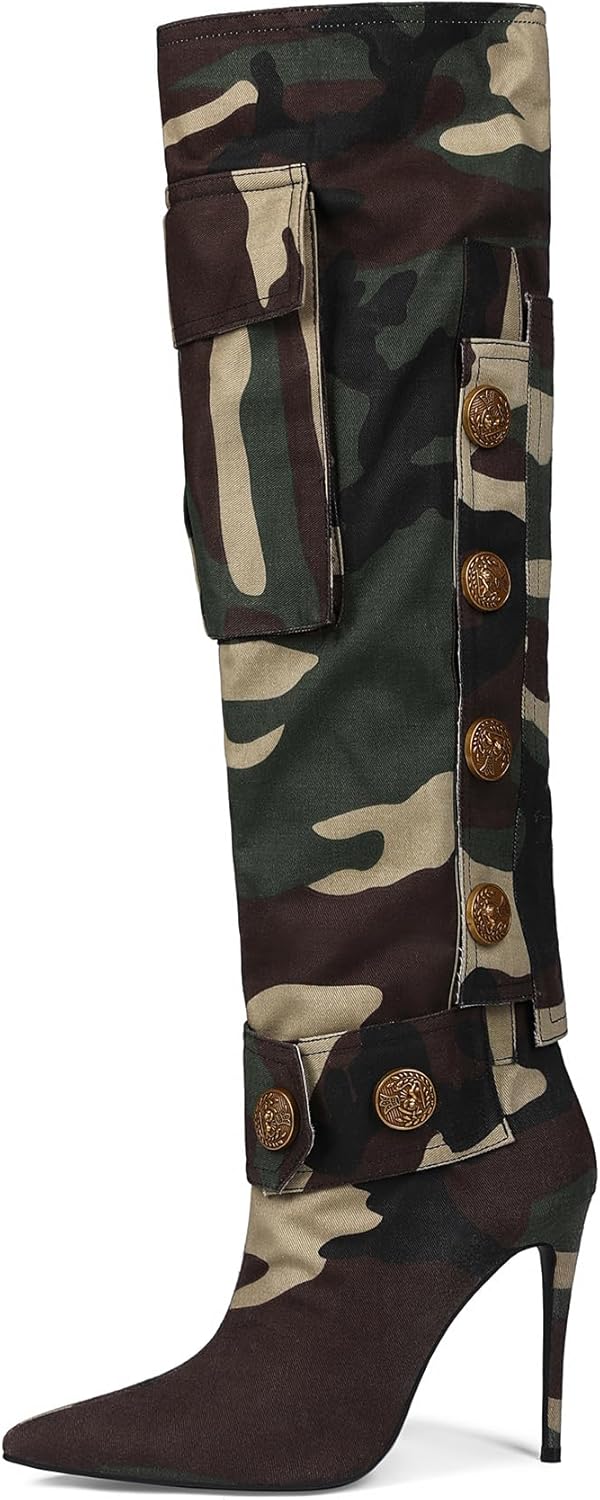 Saint Leia Women's Camouflage Green High Heel Knee-High Boots Pointed-Toe Fashion Tall Boots for Ladies Party Date Dress - Image 3