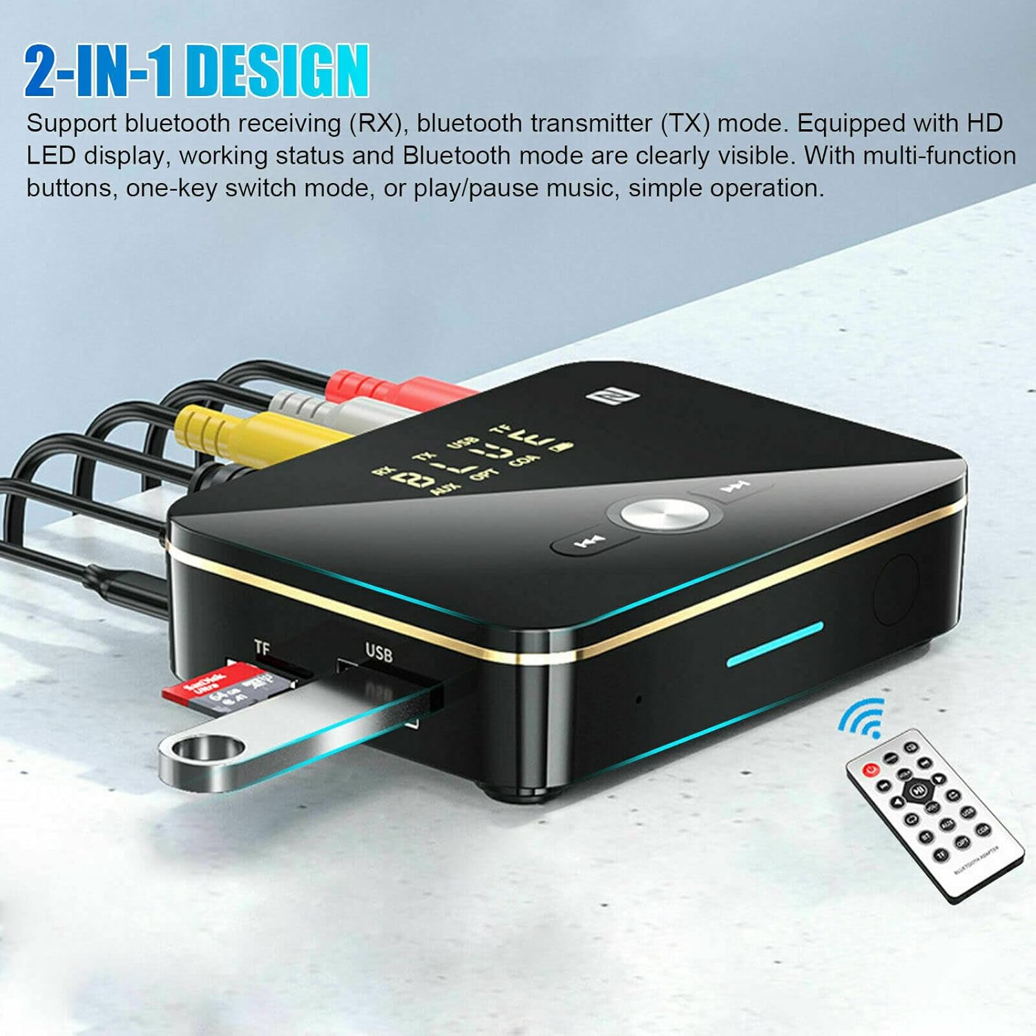 Black 2in1 Bluetooth 5.0 Transmitter Receiver Wireless 3.5MM AUX to 2RCA Audio Adapter Accessory
