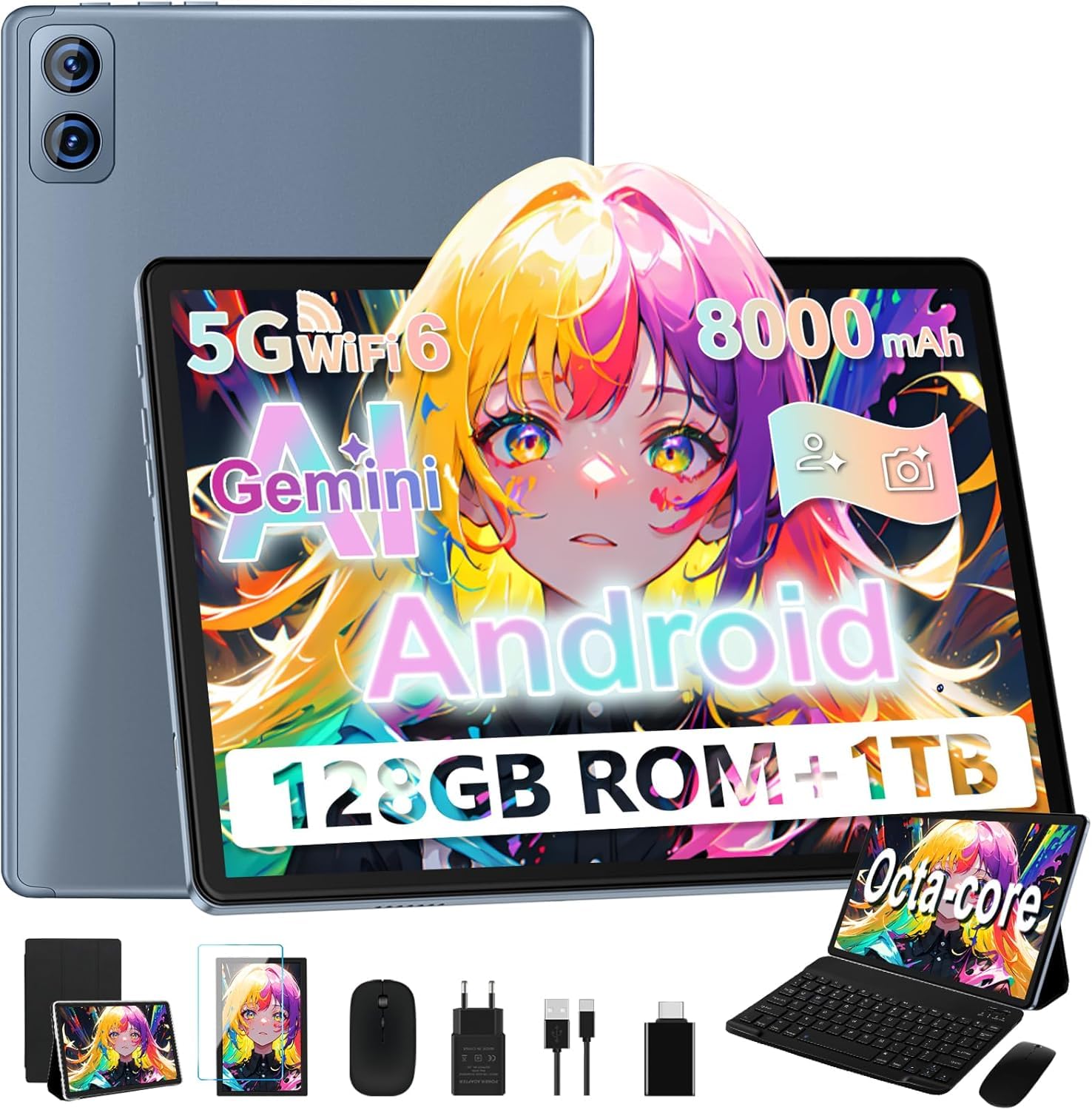 2026 Tablet Android, 10 Pollici FHD IPS, 8000mAh, Gemini AI, Octa-Core, 22GB RAM+128GB ROM/1TB TF, Widevine L1, 5+8MP, 5G WiFi 6, BT 5.0, Corpo in Metallo, Face ID, con Tastiera e Mouse, Grigio