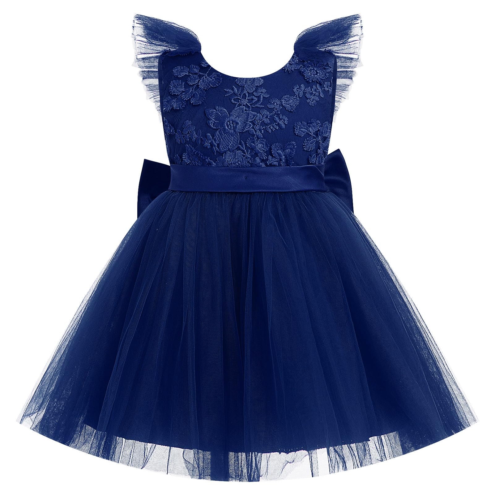 OBEEII Toddler Girls Pageant Dress Wedding Flower Girl Prom Party Tulle Tutu Dress Flutter Sleeve Floral Lace Baptism Photoshoot Outfit Christening First Communion Ball Gown Navy Blue 2-3 Years