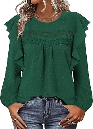 BETTE BOUTIK Womens Boho Fall Long Sleeve Shirts Crewneck Dressy Casual Blouses Trendy Flowy Tops