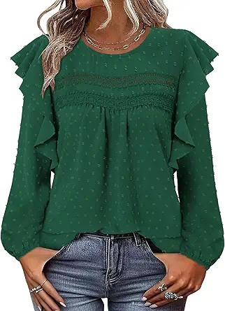 BETTE BOUTIK Womens Boho Fall Long Sleeve Shirts Crewneck Dressy Casual Blouses Trendy Flowy Tops