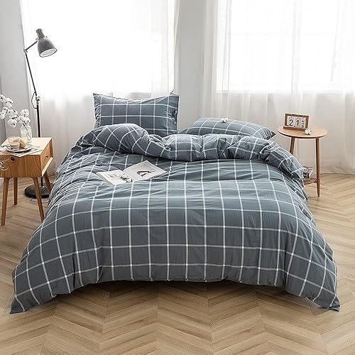 Miniatura 23 de FACE TWO FACE Juego de funda de edredón de 3 piezas, 100 % algodón lavado con textura parecida al lino transpirable duradero suave cómodo