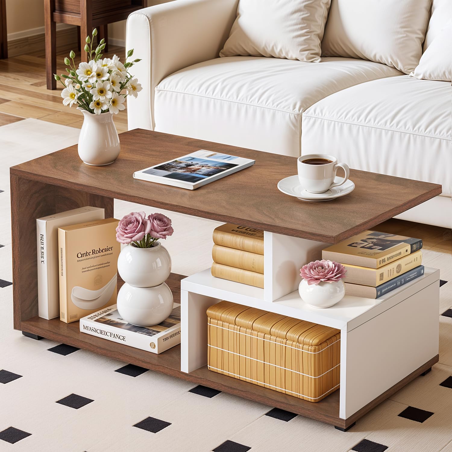 ABOUT SPACE Coffee Table - Portable Wooden Centre Table with Storage & Open Rack - DIY Furniture - Sofa Tea Poyee for Living Room, Home, Office (White & Walnut - L 90 x B 40 x H 45 cm)-image-29