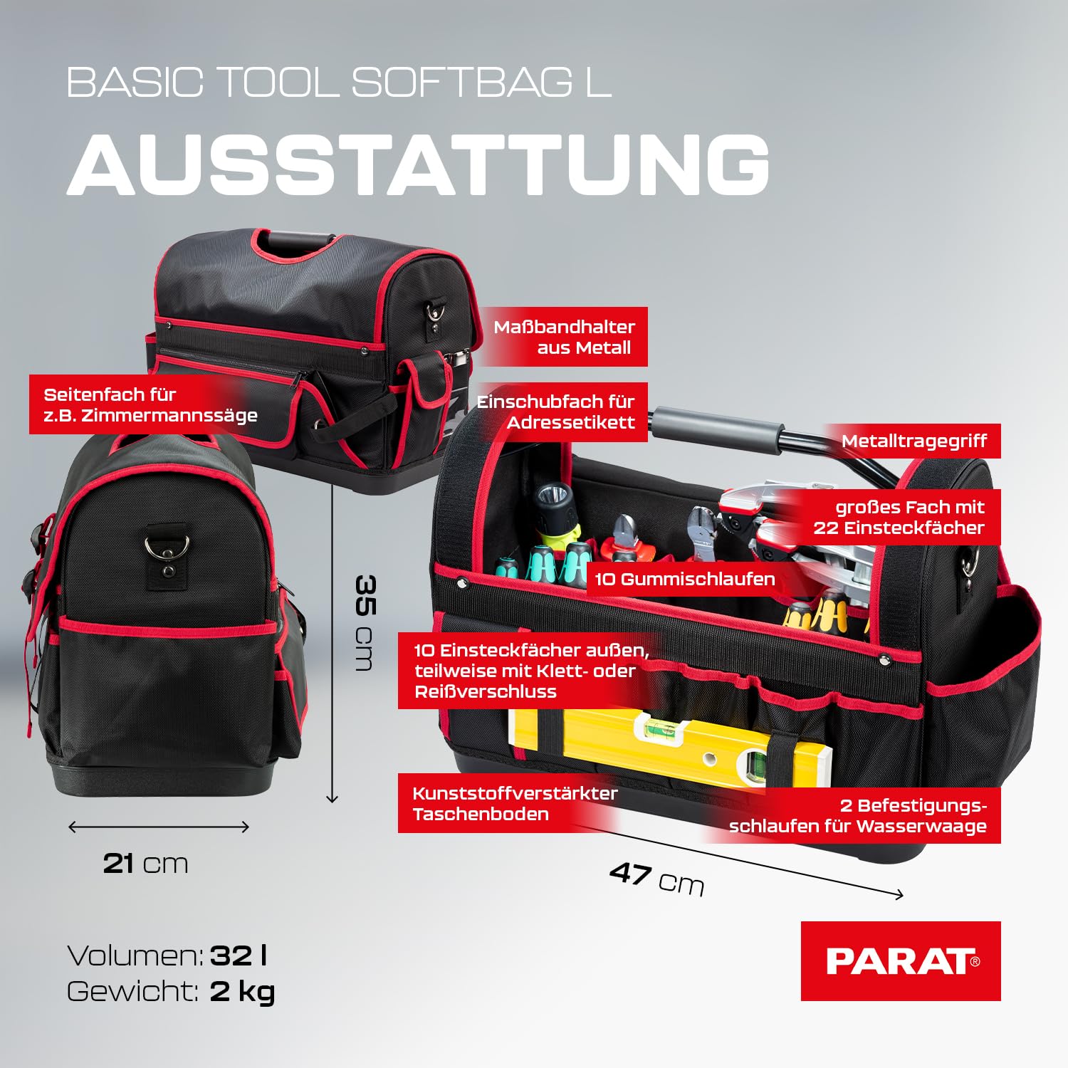 PARAT Basic Tool Softbag L - Bolsa de herramientas con capacidad de 32 l y 51 espacios para herramientas, resistente bolsa de herramientas de nailon con correa para el hombro y asas de transporte
