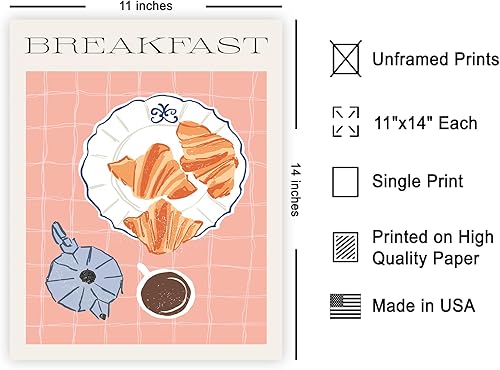 Miniatura 2 de Poster Master Póster de desayuno, impresión retro de croissant, arte de café, arte de comida y bebida, arte de cafetera, arte de boceto, arte