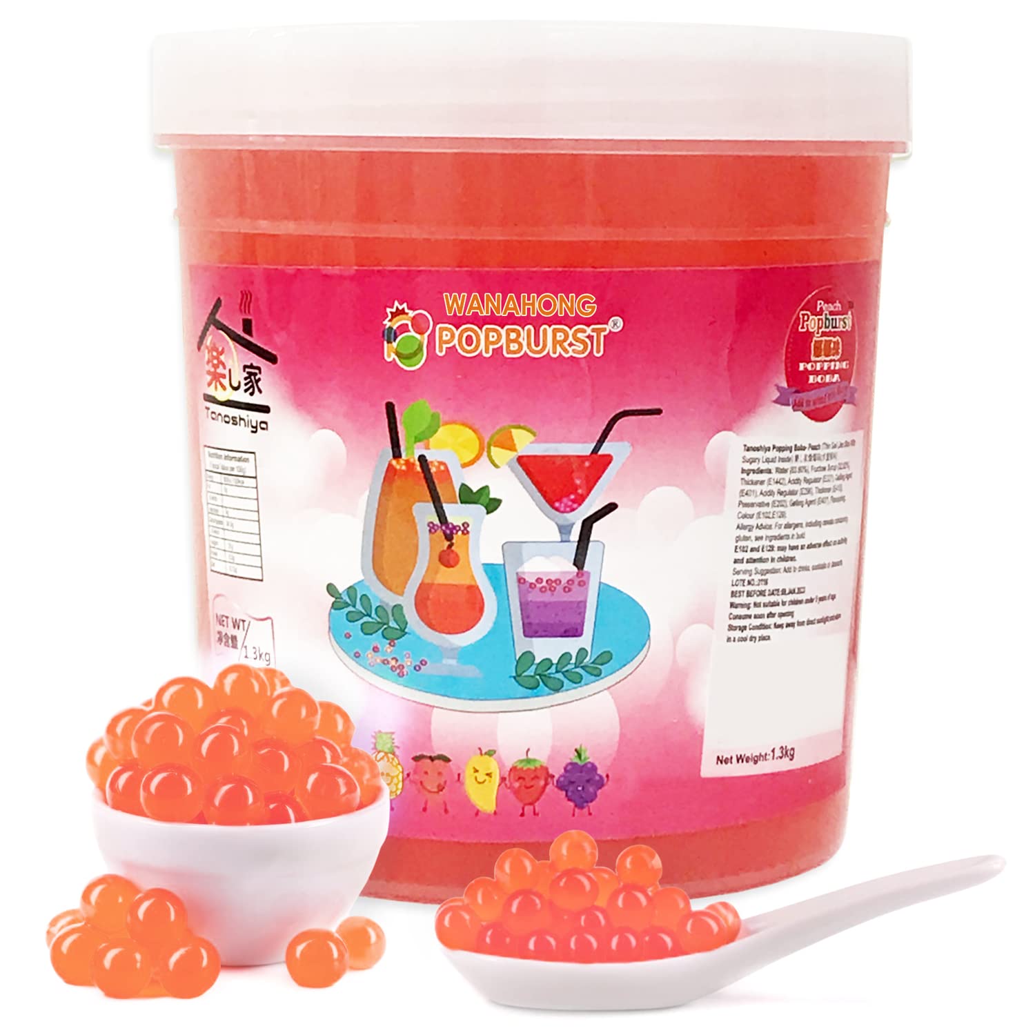 WaNaHong Popping Boba Pearl 1.3 KG Dessert Toppings, Prosecco and Cocktails (Peach)