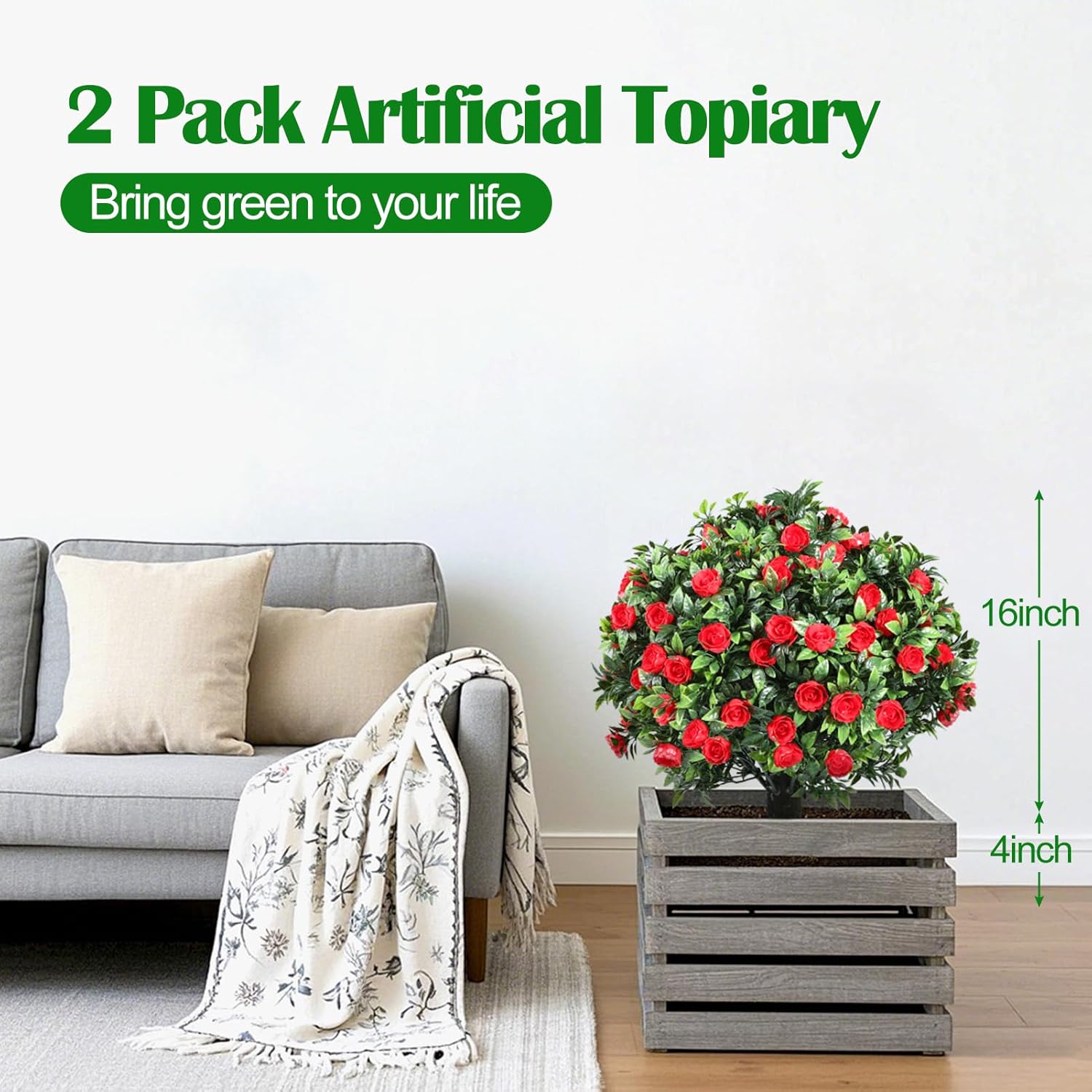 Set of 2 Artificial Boxwood Topiary Ball Trees with Red Flowers, 16 Inch Faux Outdoor Greenery Shrubs, Fake Plants for Garden, Yard, Porch, Patio – Valentine’s Day & Year-Round Decor