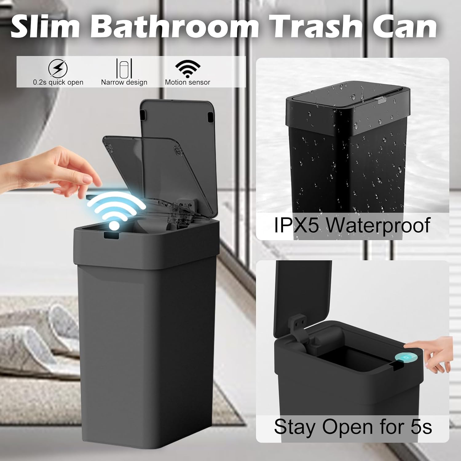 ELPHECO Bathroom Trash Can with Lid, 2 Pack Automatic Garbage Can, 2.5 Gallon + 4 Gallon Motion Sensor Smart Bathroom Decor, Slim Waterproof Trash Bins for Bedroom, Office, Living Room, Black