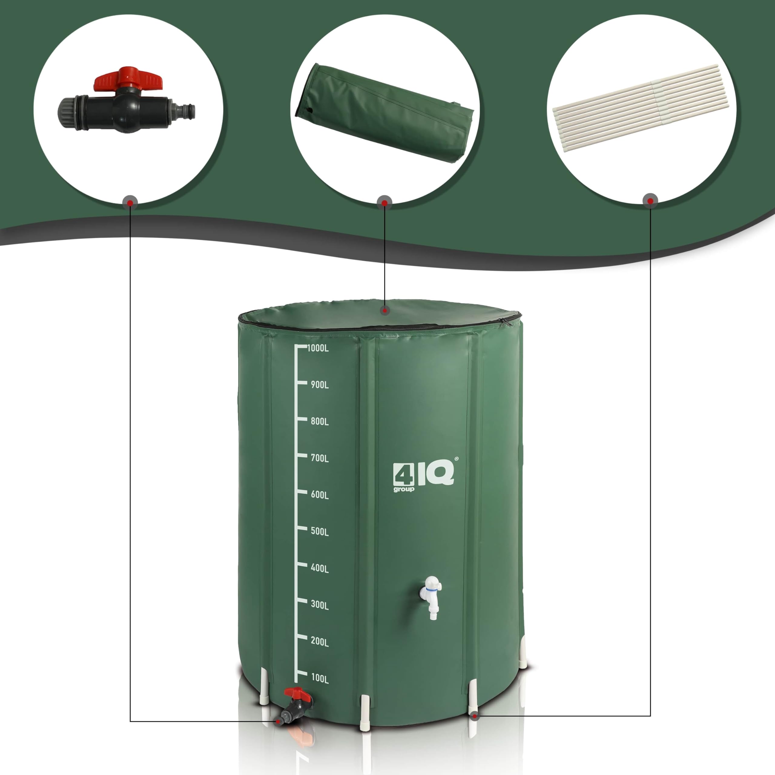 4IQ Réservoir Eau de Pluie 1000L – Récupérateur d’Eau Résistant aux Intempéries – Réservoir de Jardin avec Système Complet de Prélèvement