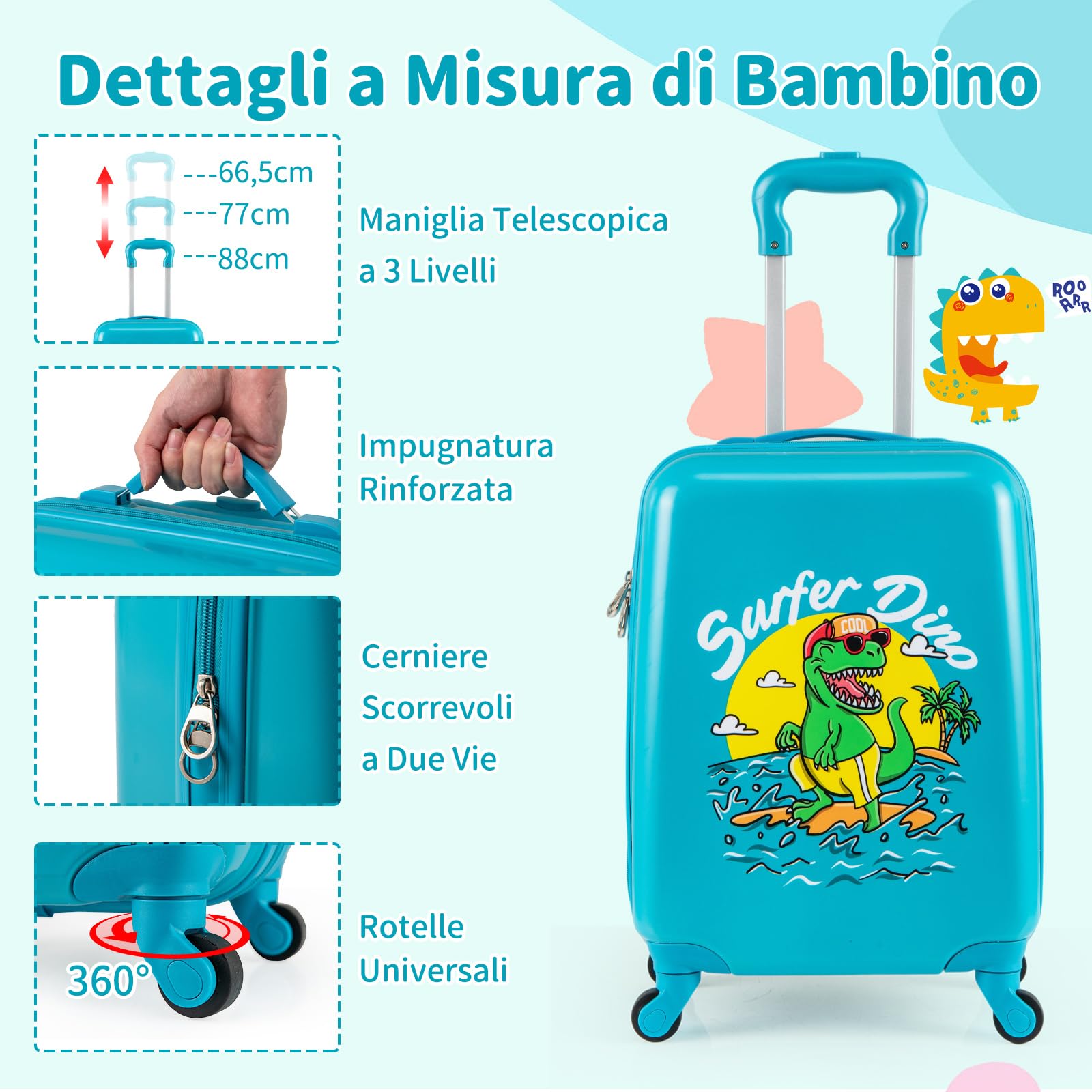 GYMAX 2 Pezzi Set Valigia per Bambini con Zaino, Trolley per Bambini con Ruote, Maniglia Telescopica, Valigia Leggera a Mano, Bagaglio per Aereo, Valigia per Ragazzi e Ragazze (Dinosauro)