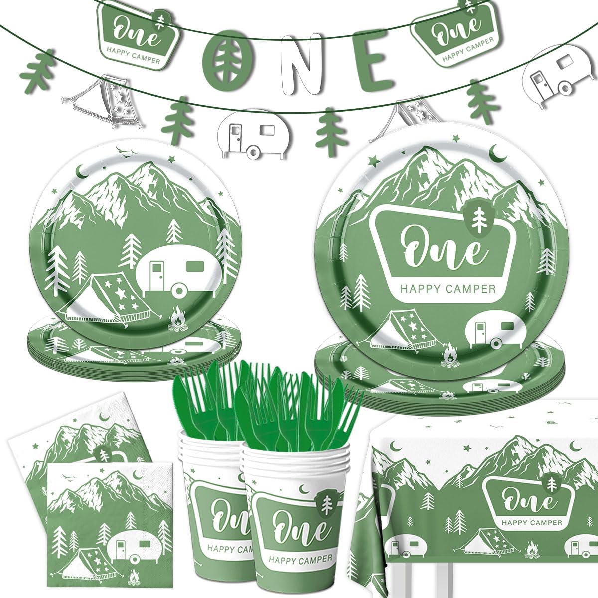 CMUSKO142Pcs One Happy Camper Birthday Decorations-Green Camping Themed Disposable Tableware Set One Happy Camper Plates and Napkins for Boys Girls 1st Birthday