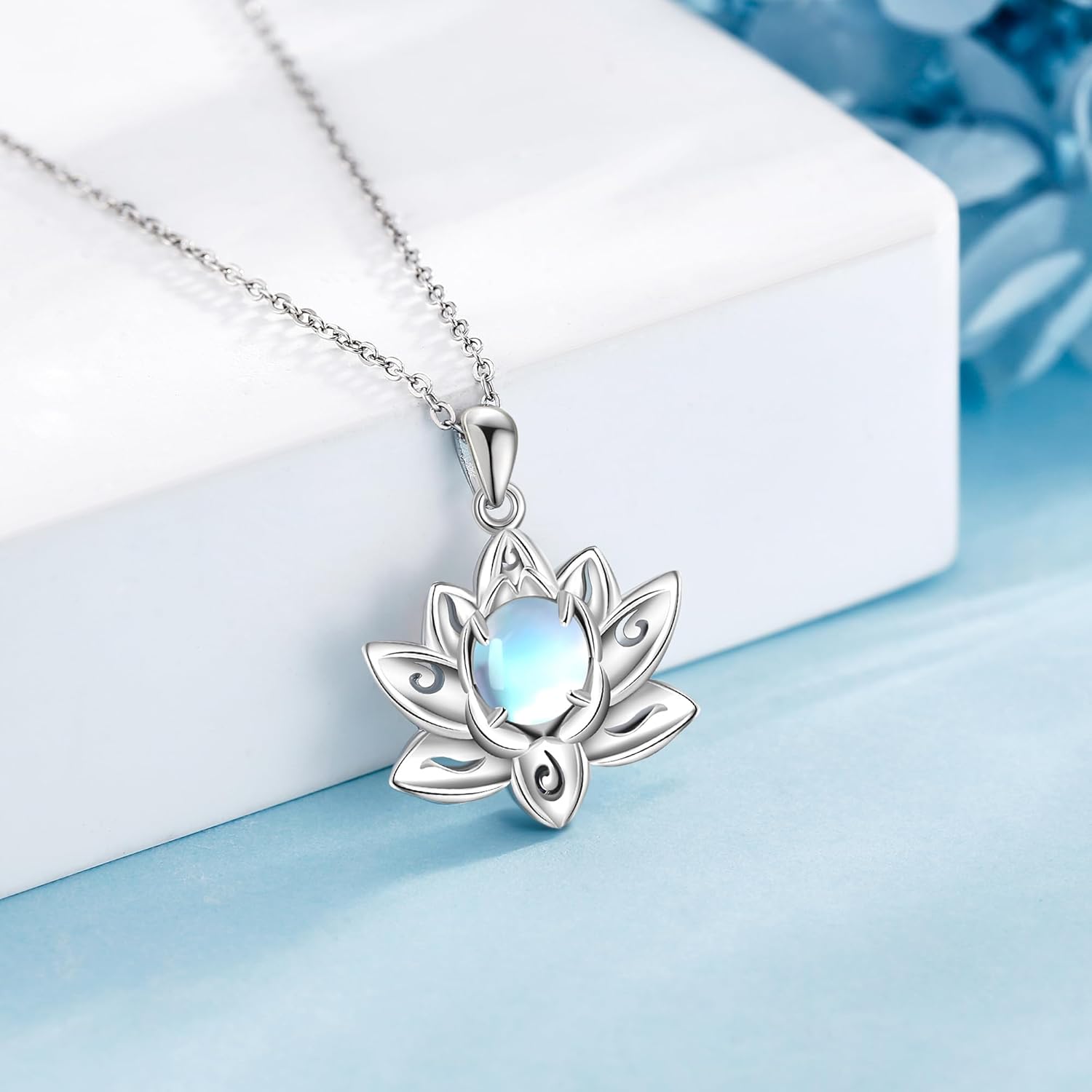 Sterling Silver Lotus Necklace Moonstone Abalone/Opal Pendant Flower Jewelry for Women Mom - Image 3