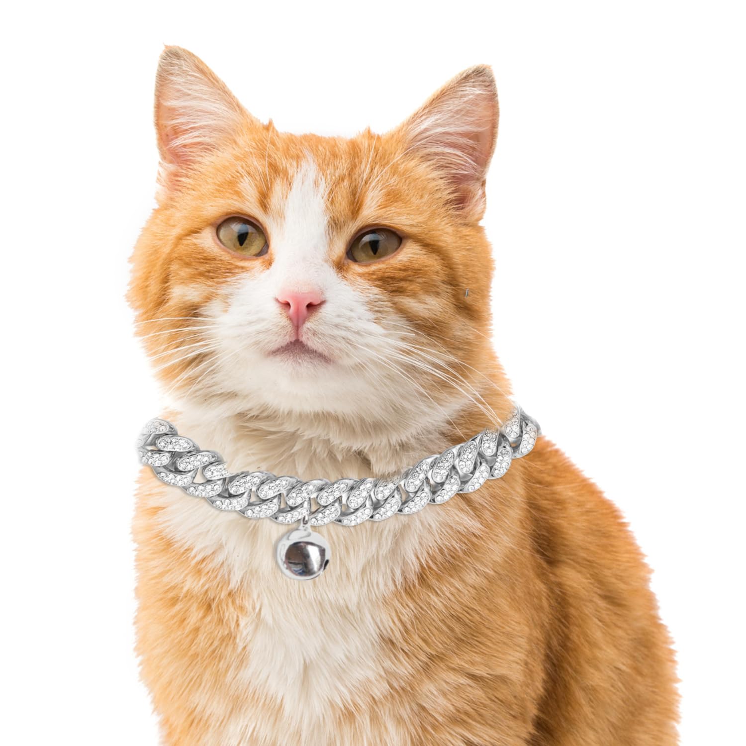 Halukakah Cat Collar - Carat - Iced Out Diamond Cuban Link Gold Chain for Cats & Kittens - Platinum Plated 9" Collar Size - with Bell - for Decoration