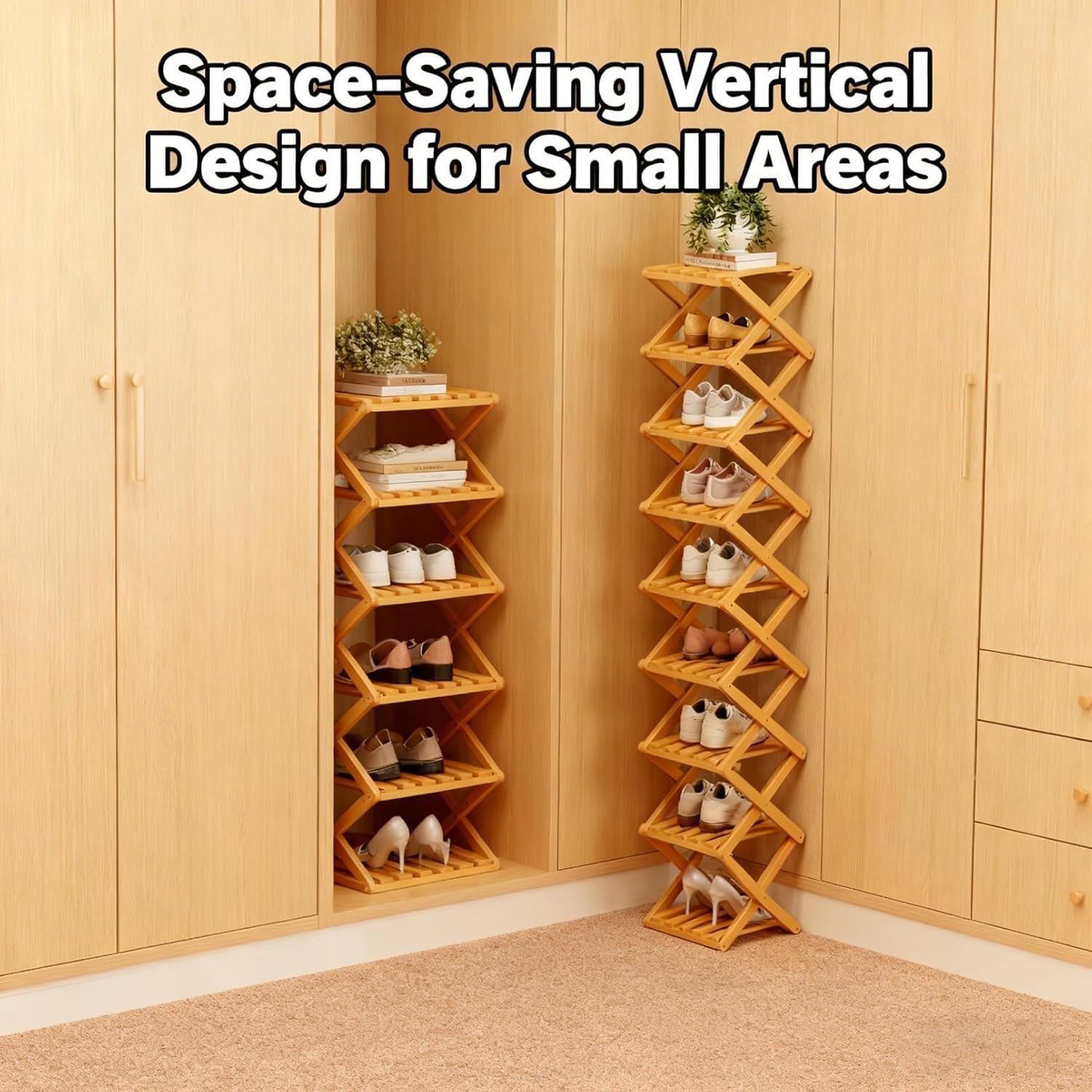 9-Tier Pre-Assembled Bamboo Storage Rack — A Space-Saving Shoe Organizer Perfect for Entryways, Closets, and Dorm Rooms.